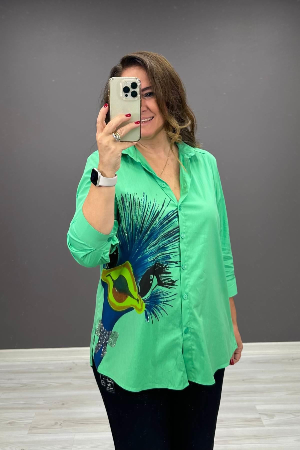 Kuş Desenli Minik Taş Detaylı Gömlek Yeşil