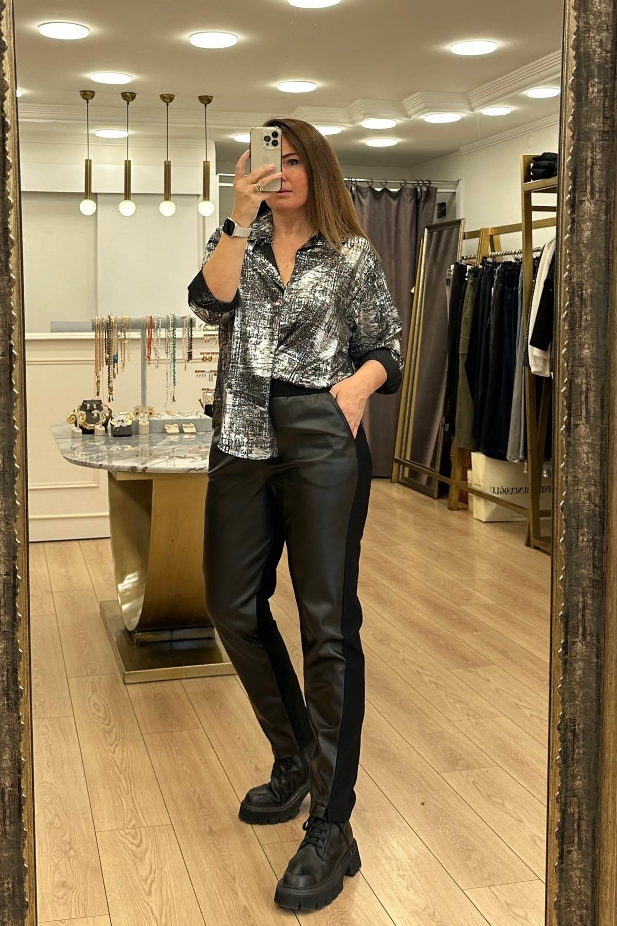 Ön Deri Detaylı Pantalon Siyah