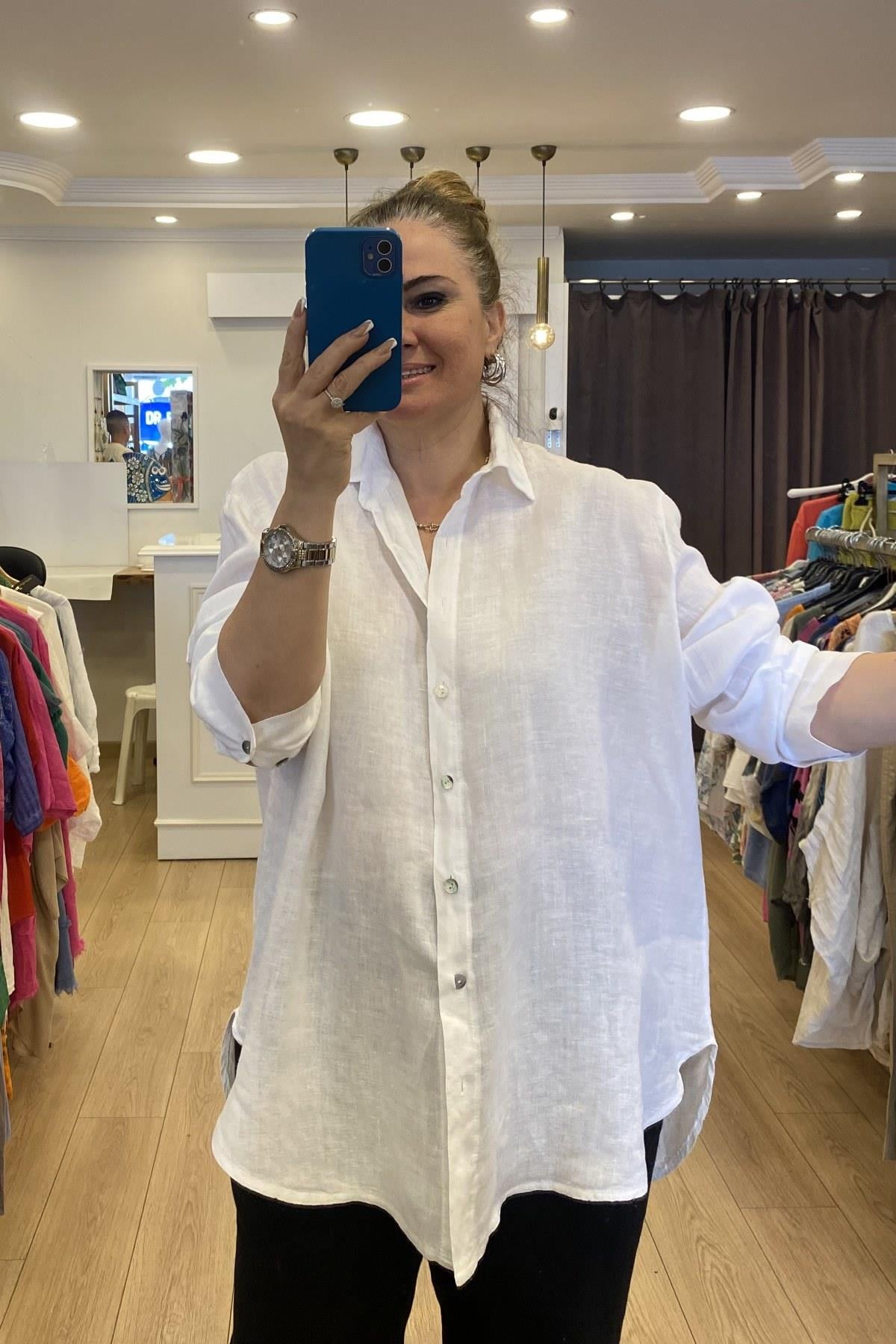 Önden Düğmeli Yakalı Keten Gömlek Beyaz