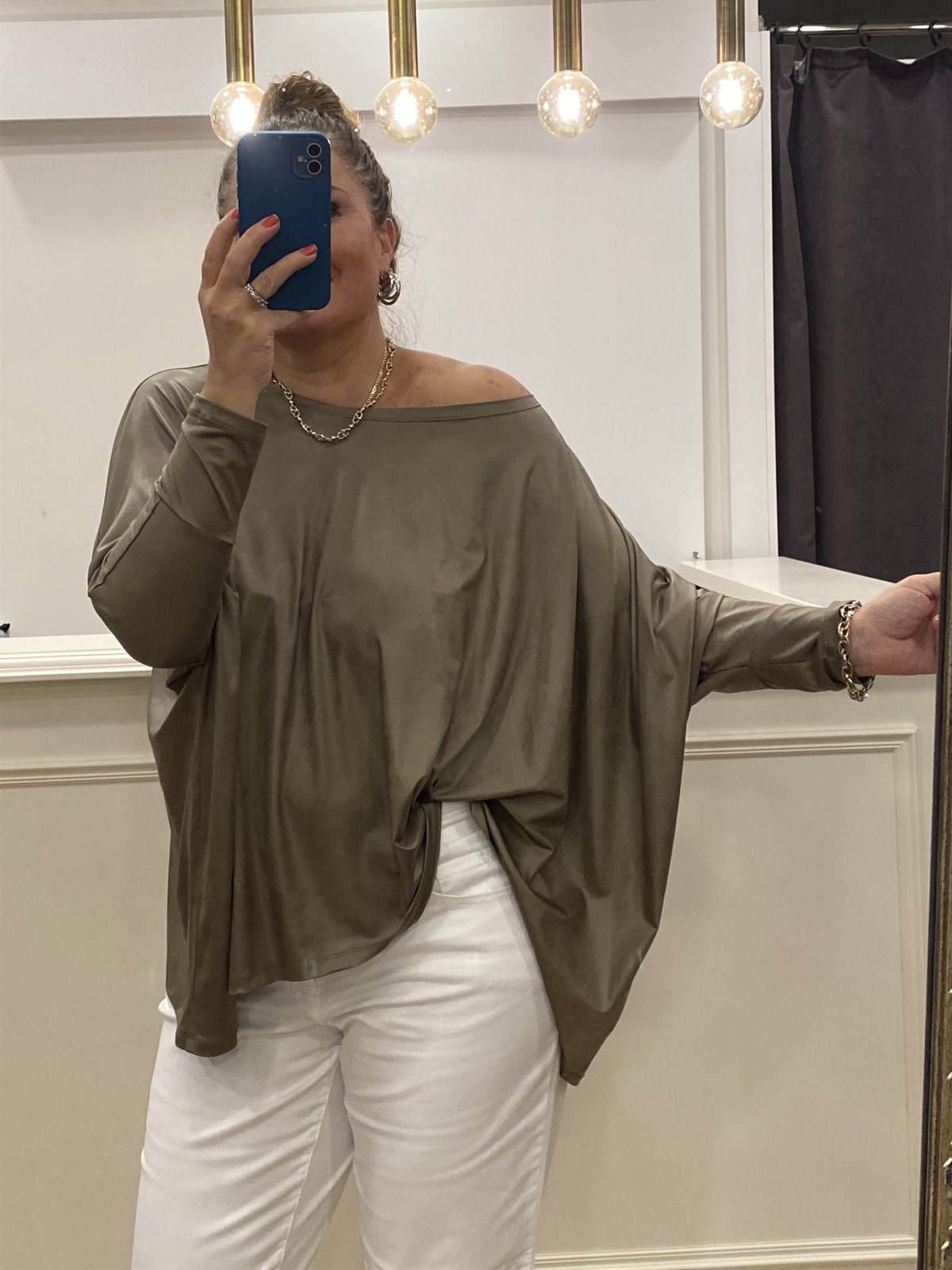 Oversize Düşük Kol Deri Görünümlü Bluz Bronz Rengi