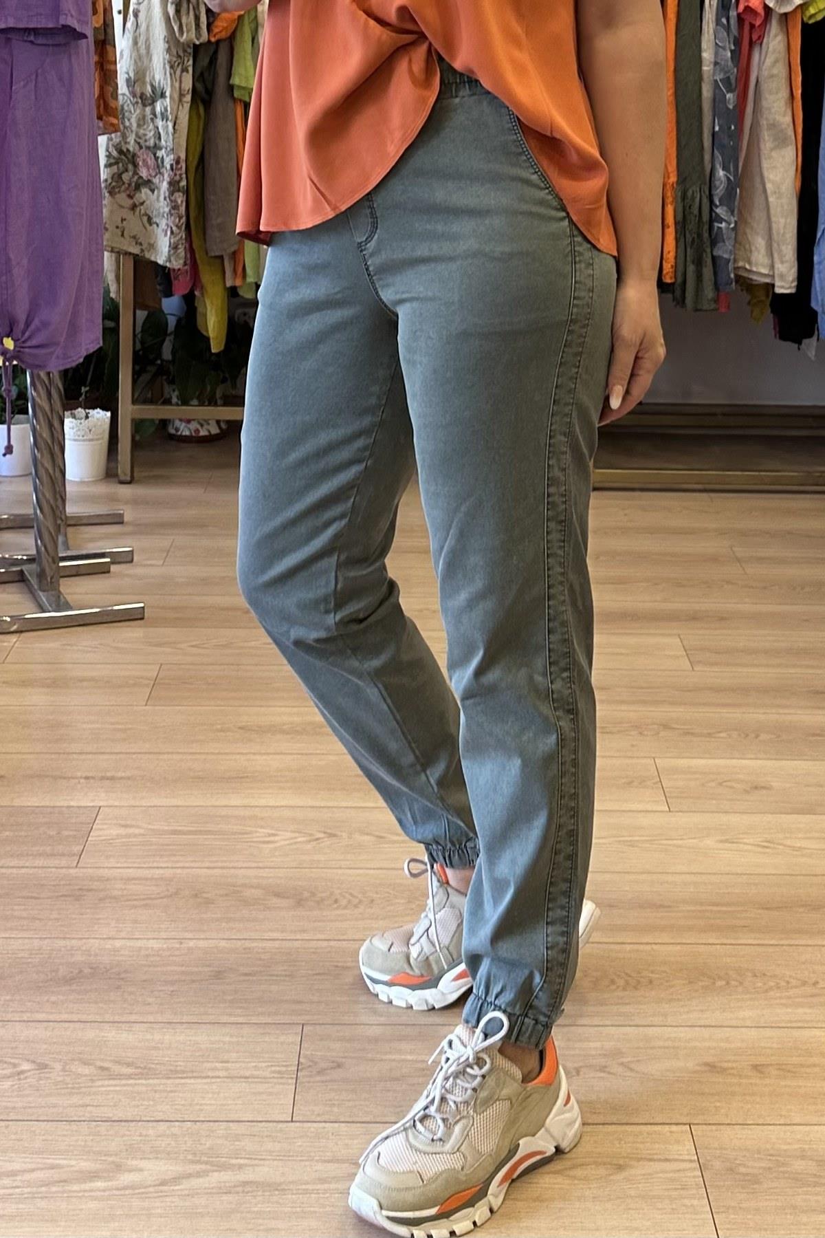 Paça Lastik Detaylı Pantolon Haki Yeşil