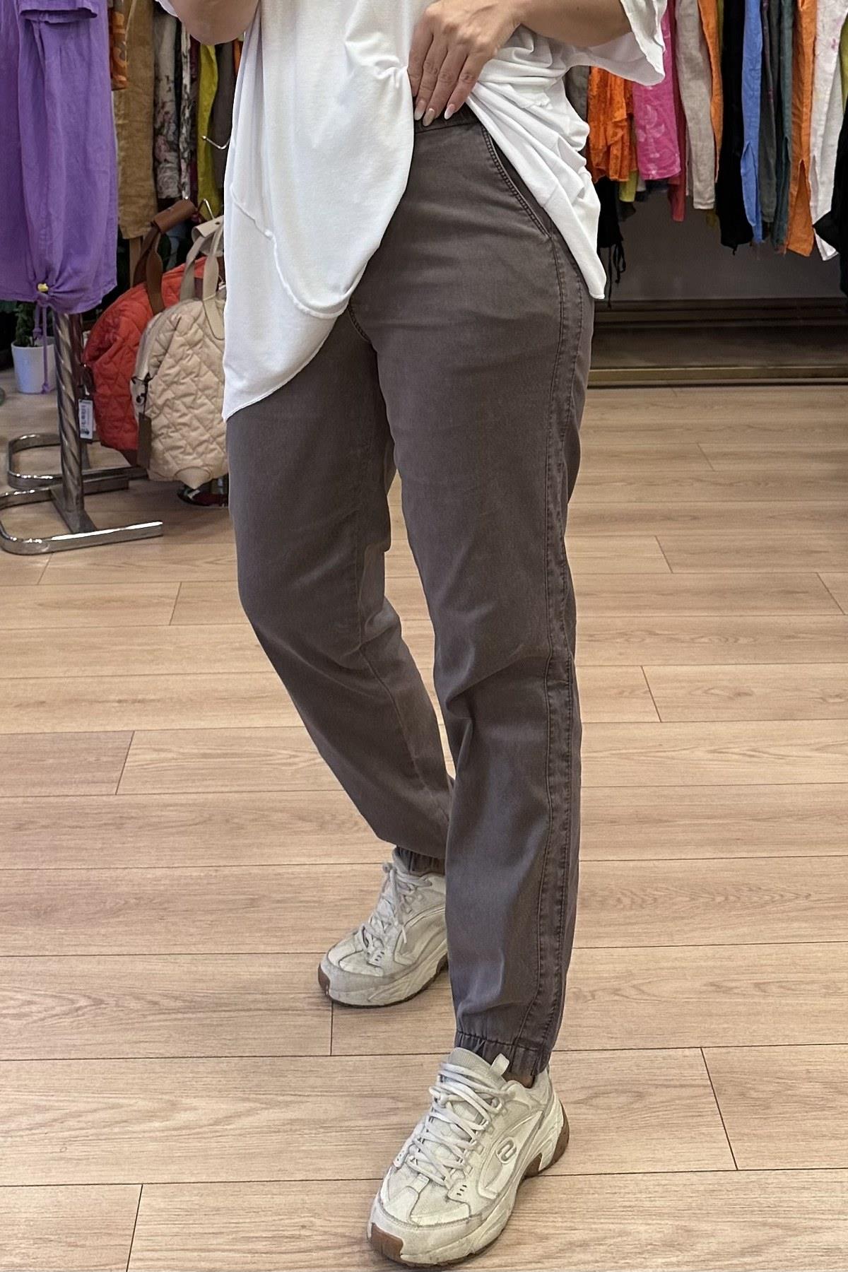 Paça Lastik Detaylı Pantolon Taş Rengi