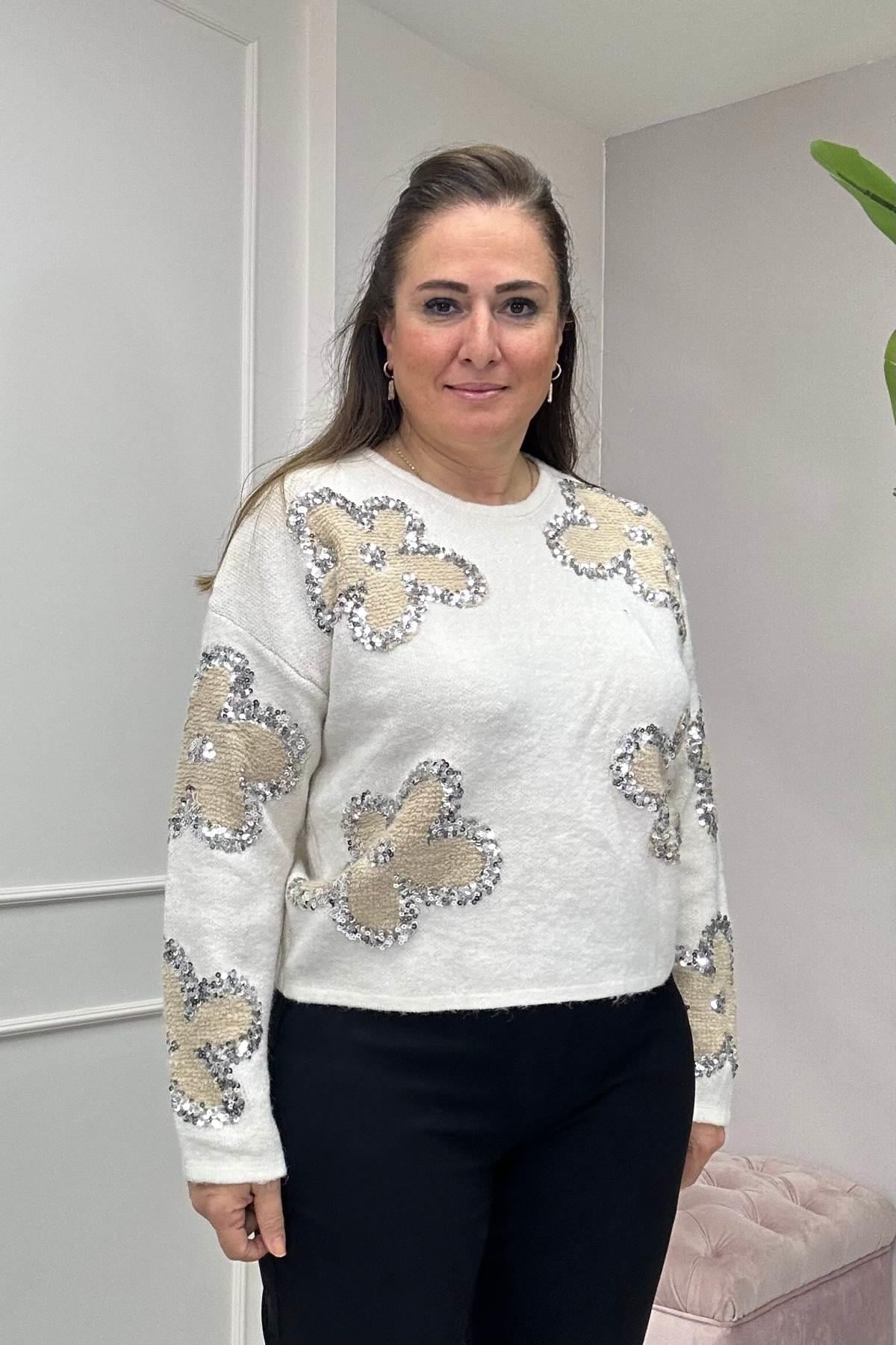 Papatya Ve Pul İŞleme Detaylı Kazak Bej