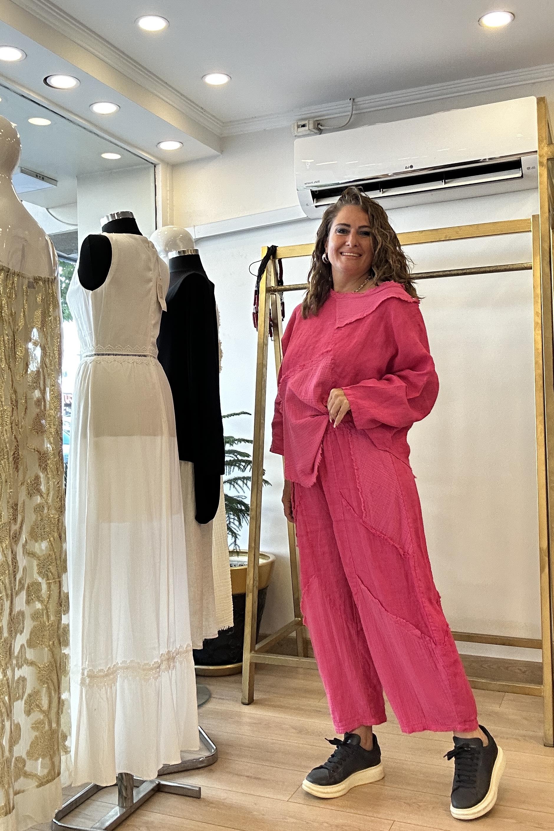 Parça Dikiş Detaylı Keten Takım Pembe