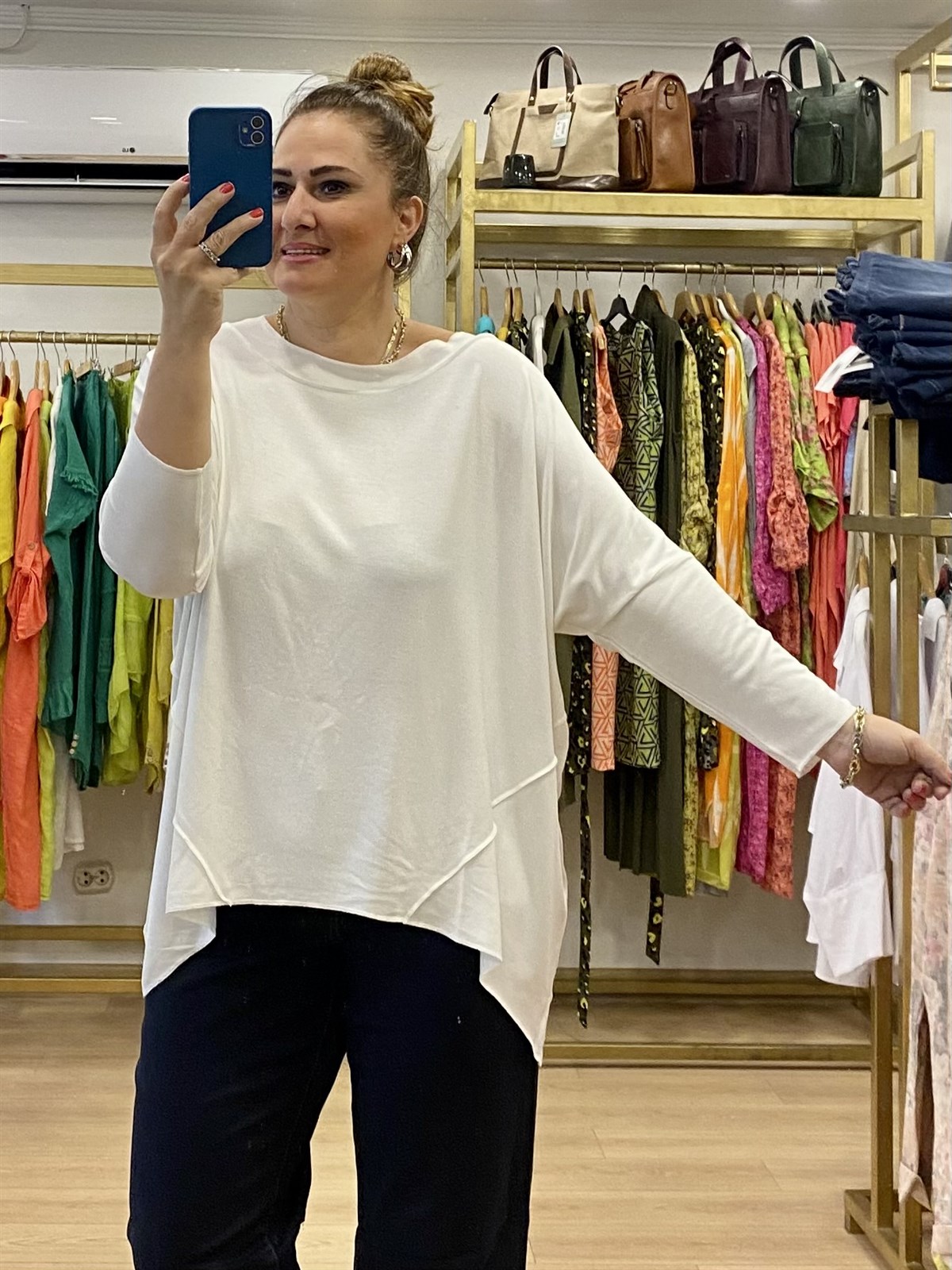 Parçalı İnce Triko Bluz Uzun Kol Ekru