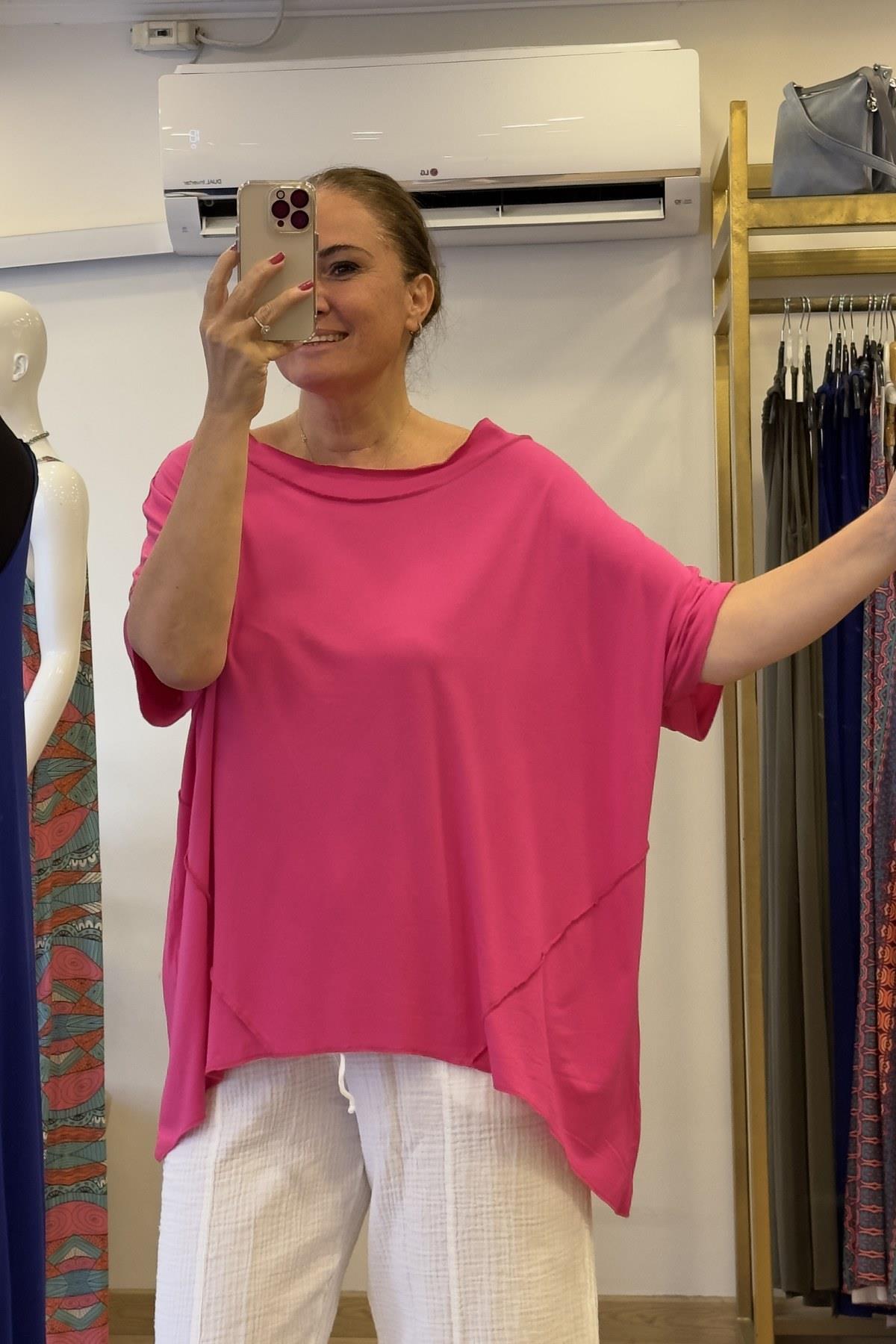 Parçalı Kısa Kol T-shirt Pembe
