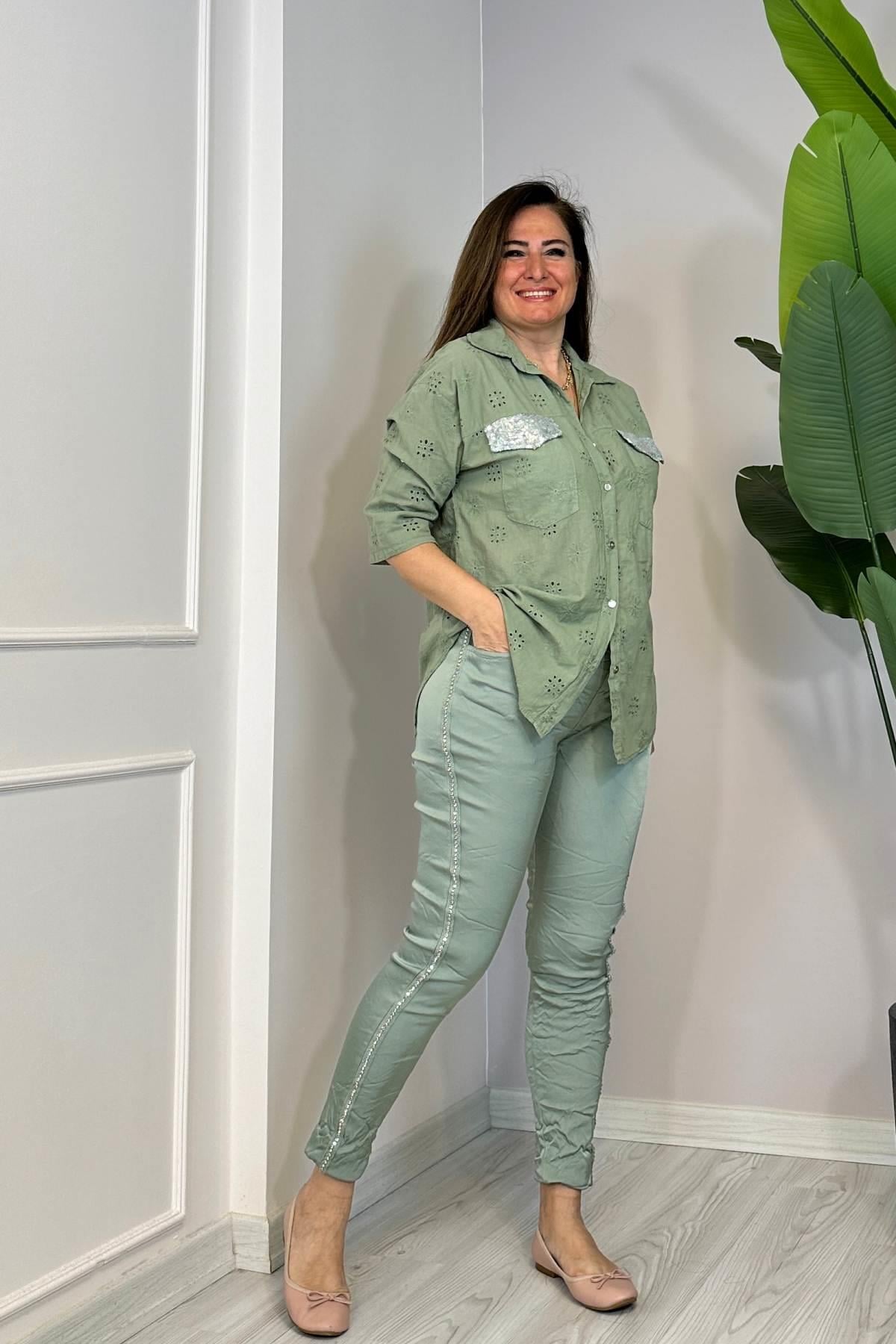 Parlak Kumaş Full Likralı Yan Çakma Taşlı Pantolon Yeşil