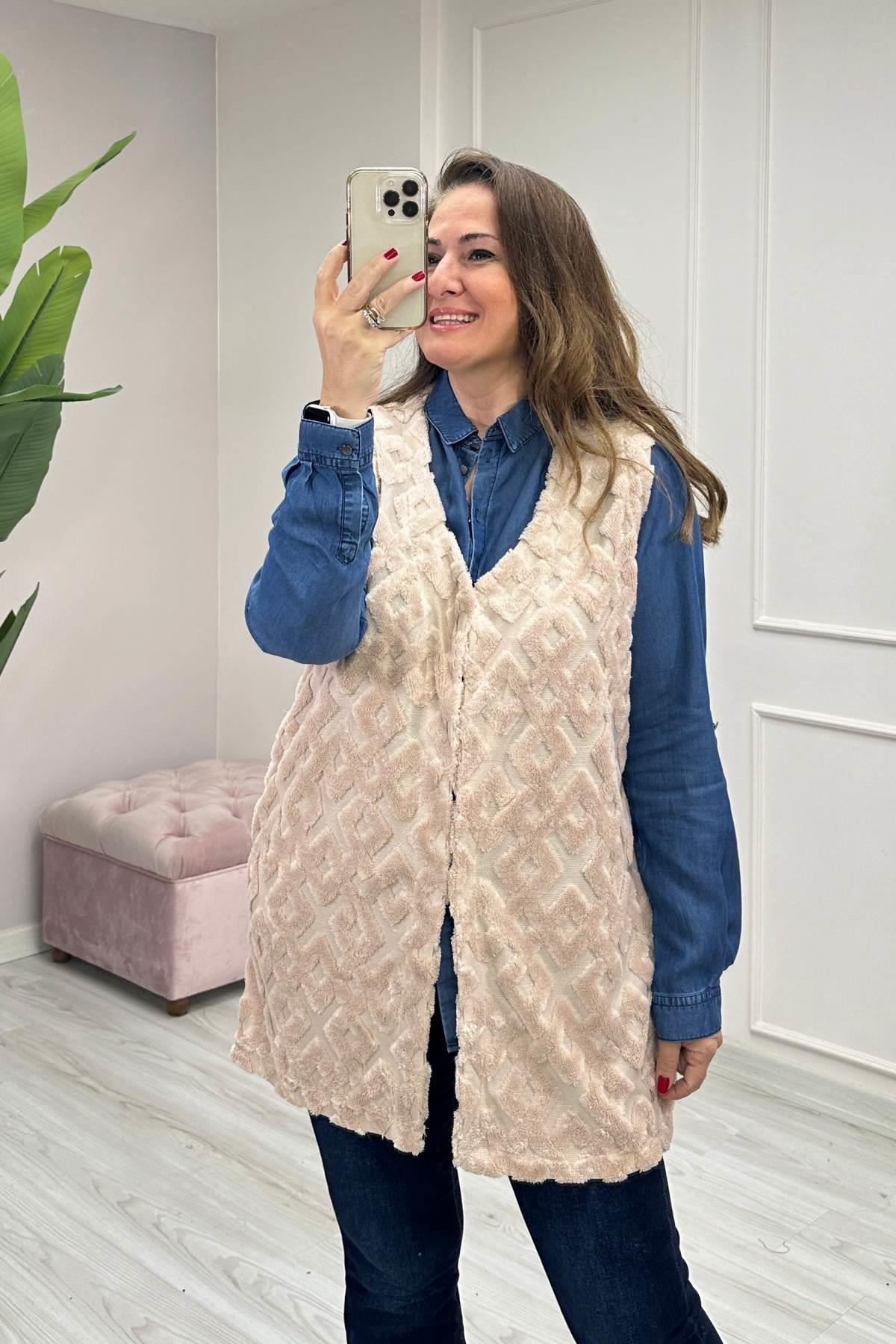 Peluş Kolsuz Yelek -Somon