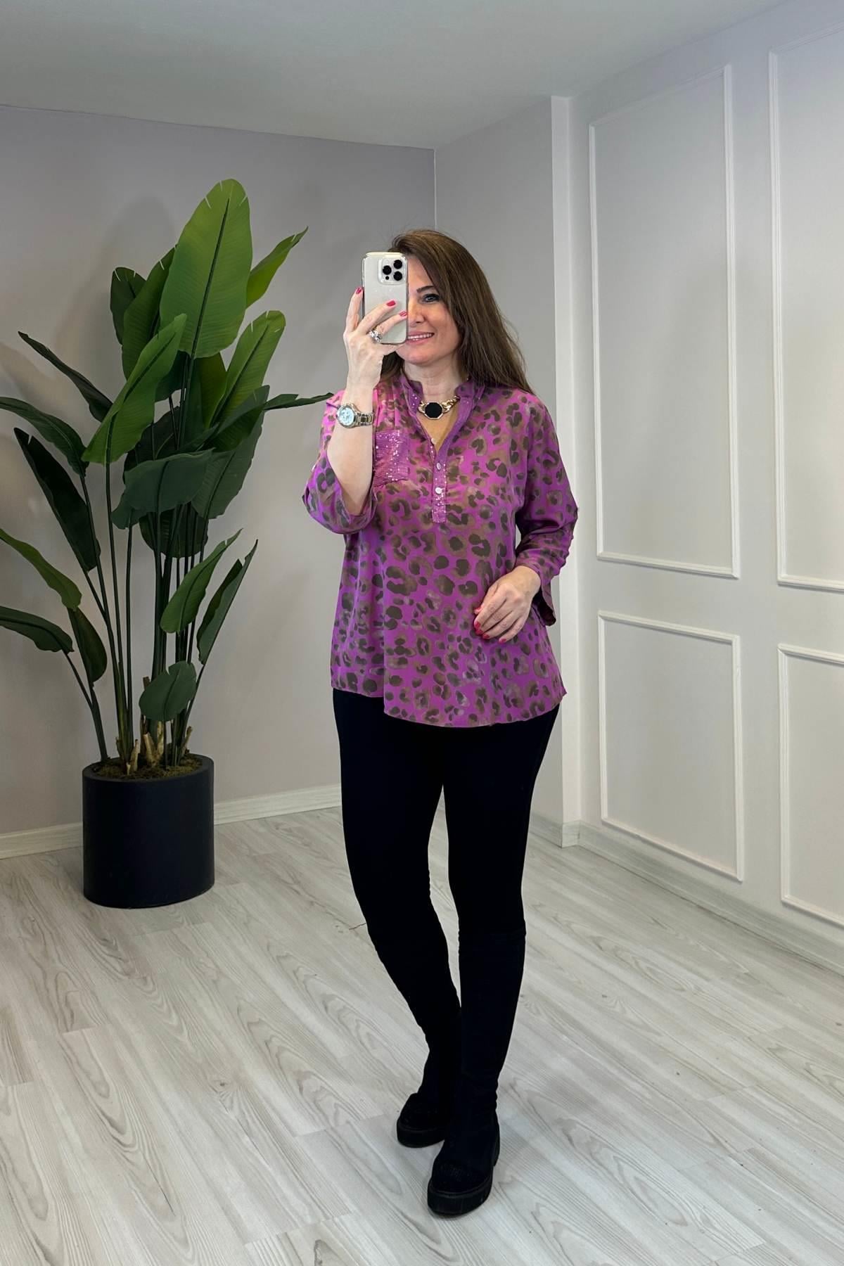 Pul Detaylı Katlanır Kol Gömlek Pembe