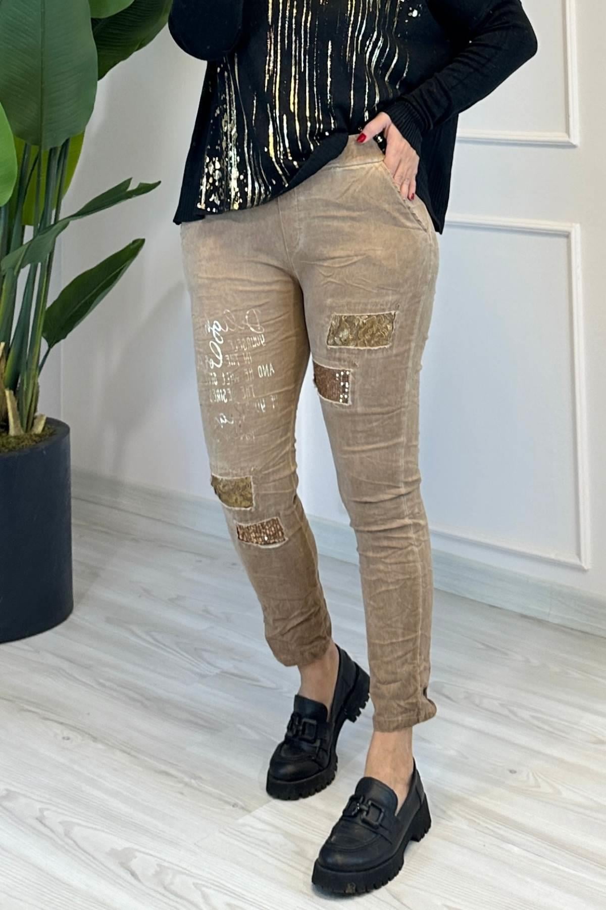 Pul Ve Yazı Detaylı Pantolon Kahverengi 