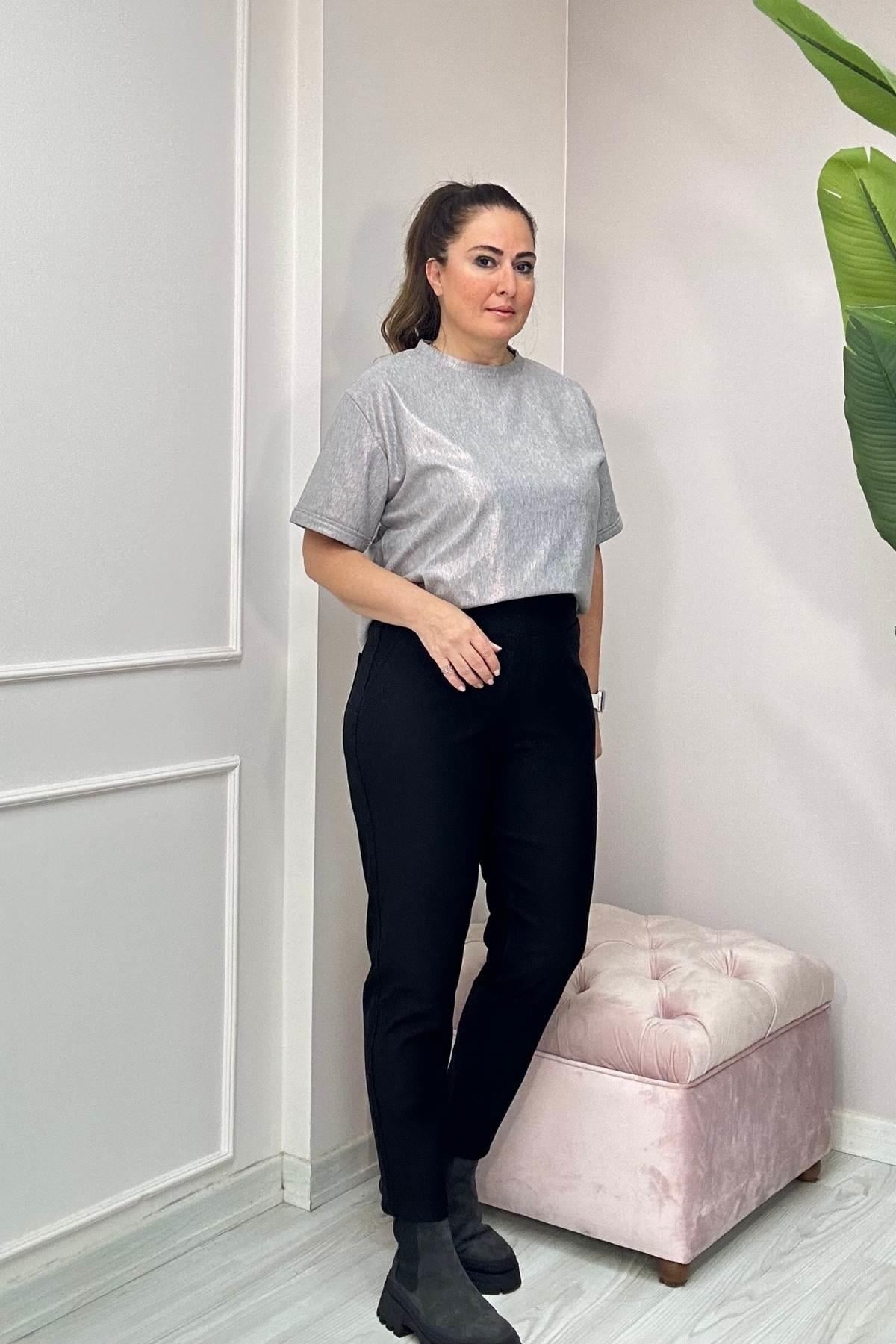 Punto Kumaş Boru Paça Pantalon-Siyah