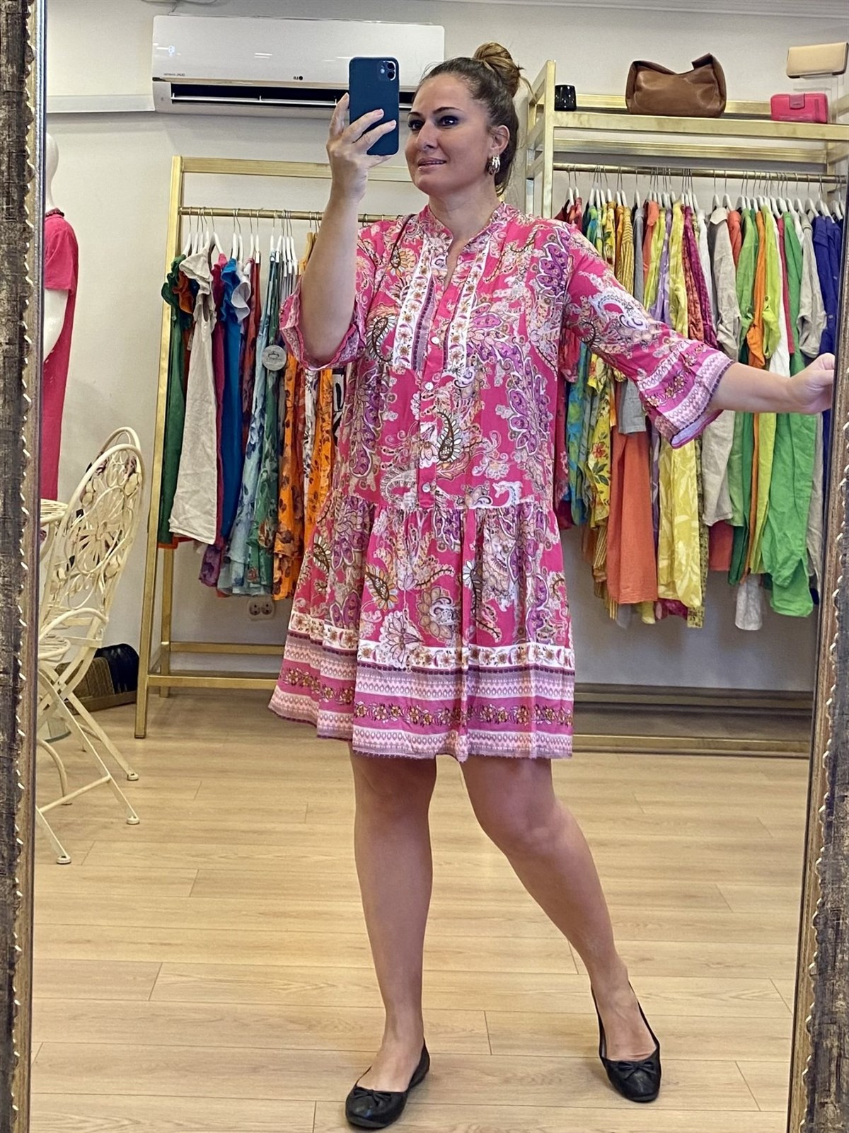 Şal Desenli Elbise Pembe