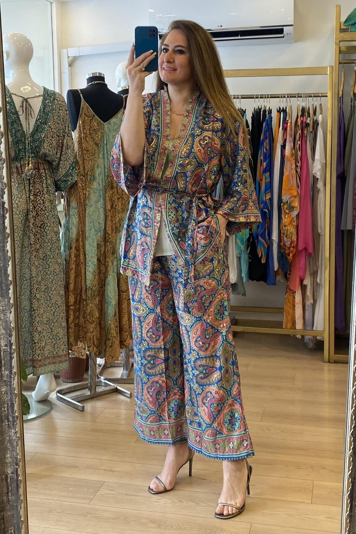Şal Desenli Kimono İpek Takım Pembe