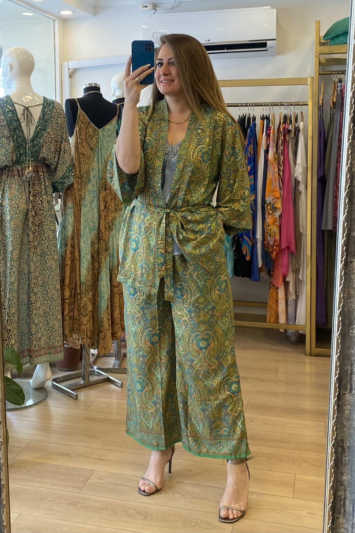 Şal Desenli Kimono İpek Takım Yeşil