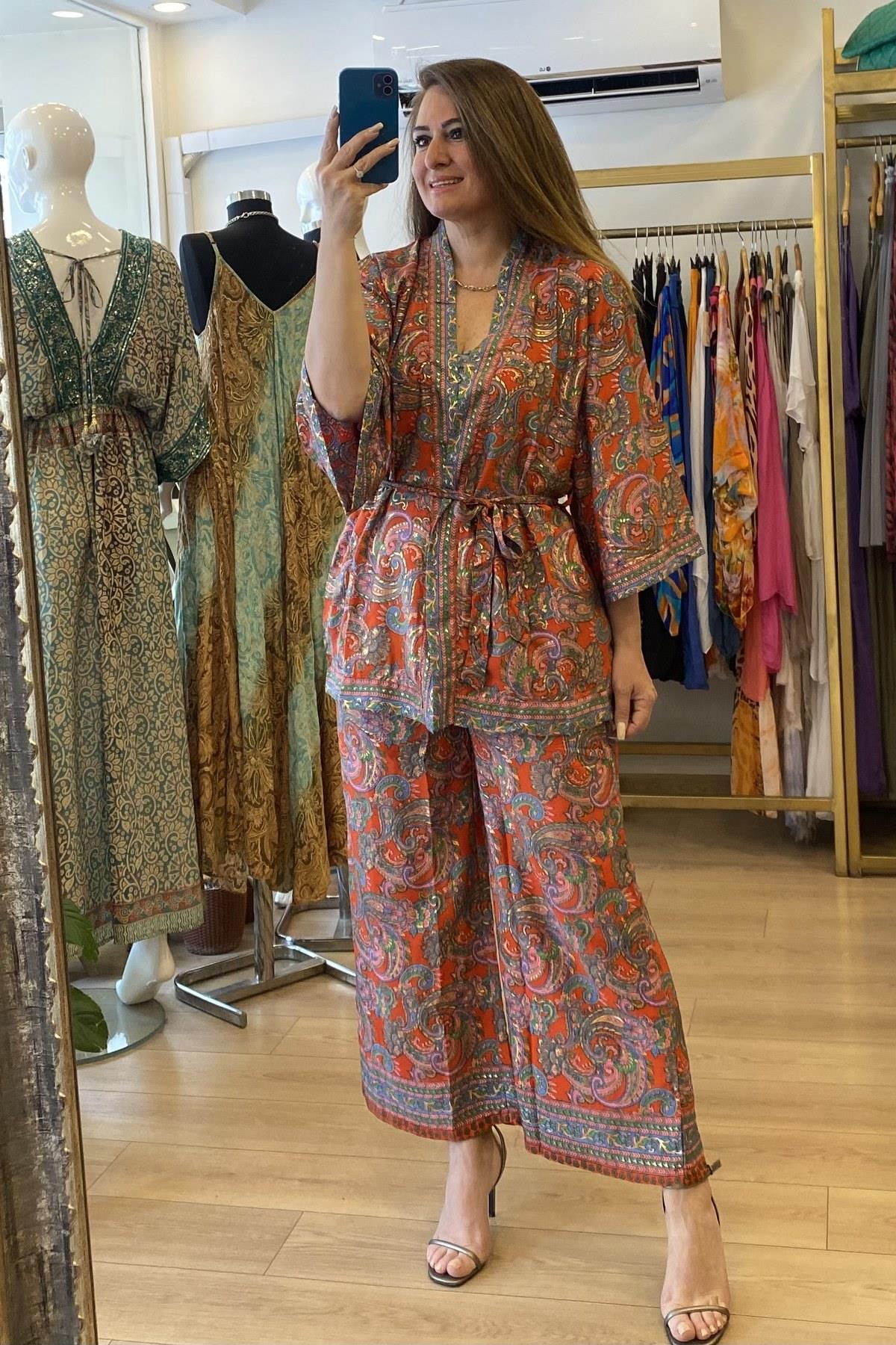 Şal Desenli Kimono Takım Kırmızı