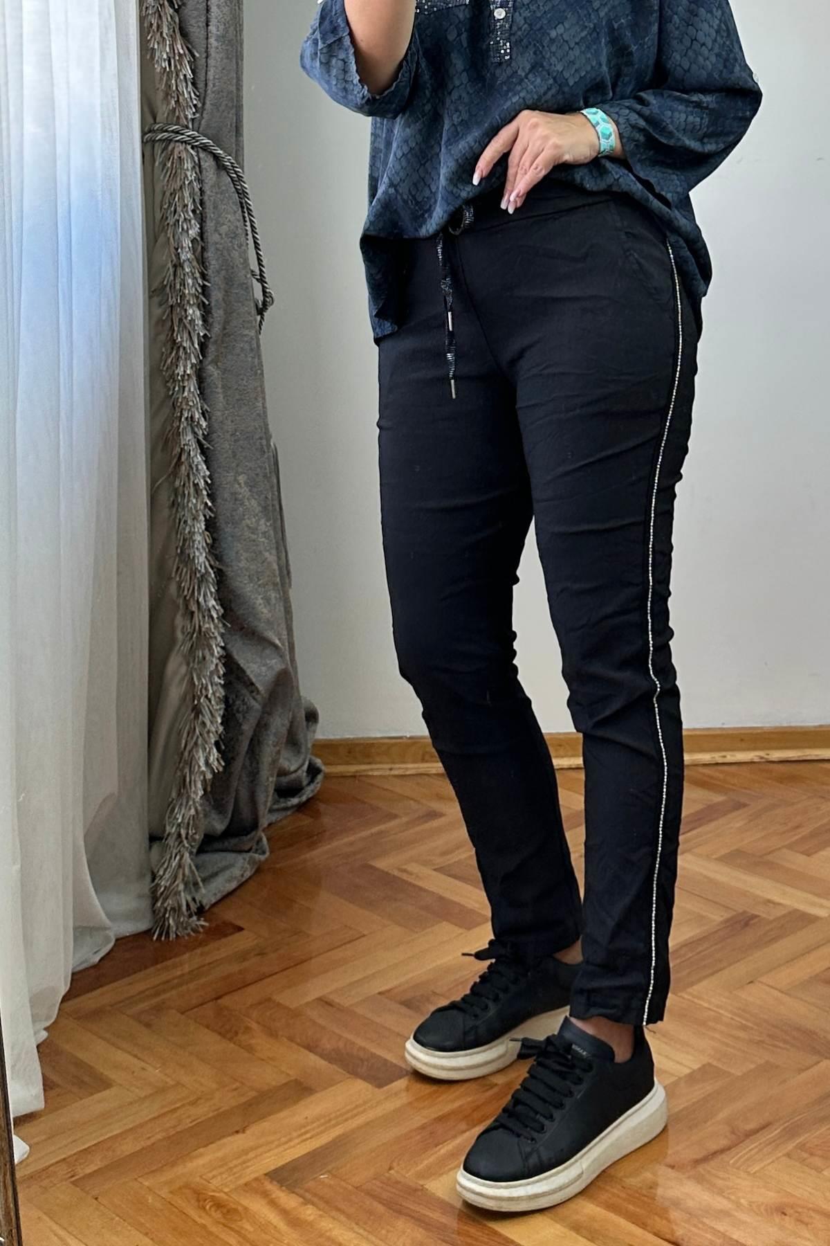 Şerit Taş İşlemeli Pantolon Siyah