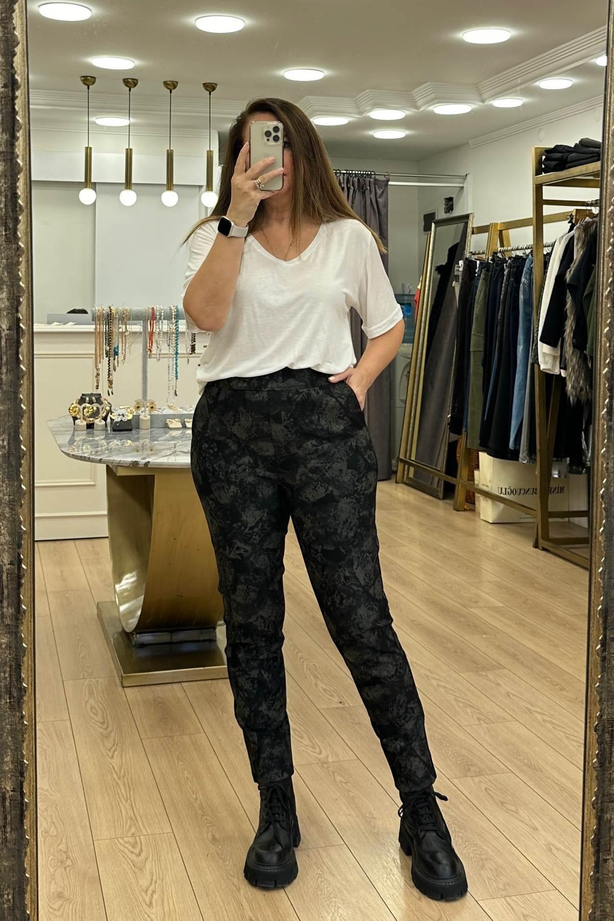 Serpme Desenli Beli Lastikli Kumaş Pantalon Haki Yeşil