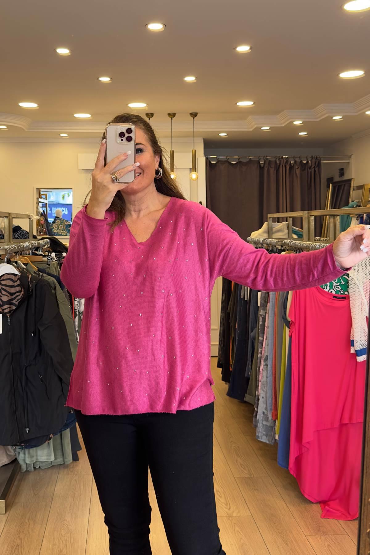 Serpme Taşlı İşlemeli Triko Bluz Pembe 