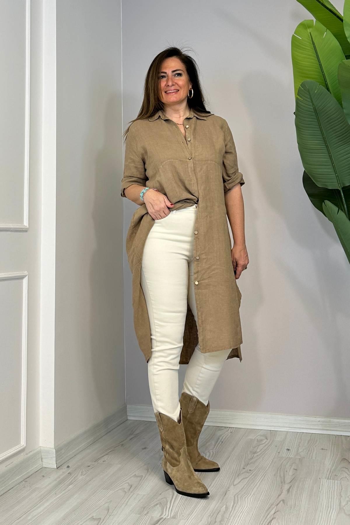 Skinny Yüksek Bel Gabardin Pantolon Krem (24155)