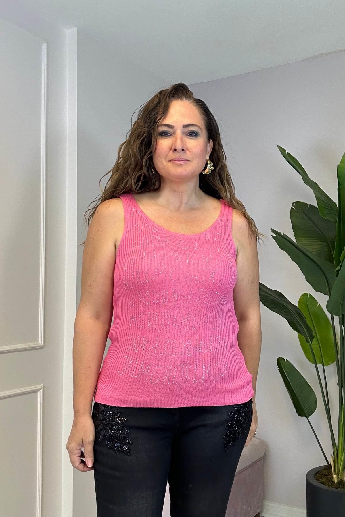 Taşlı Triko Bluz Pembe