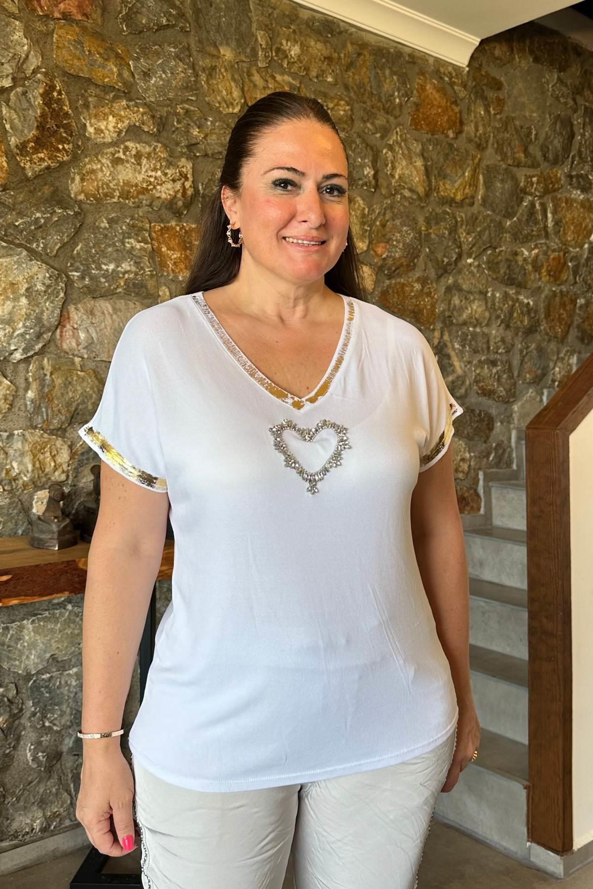 V Yaka Taşlı Triko Bluz Beyaz