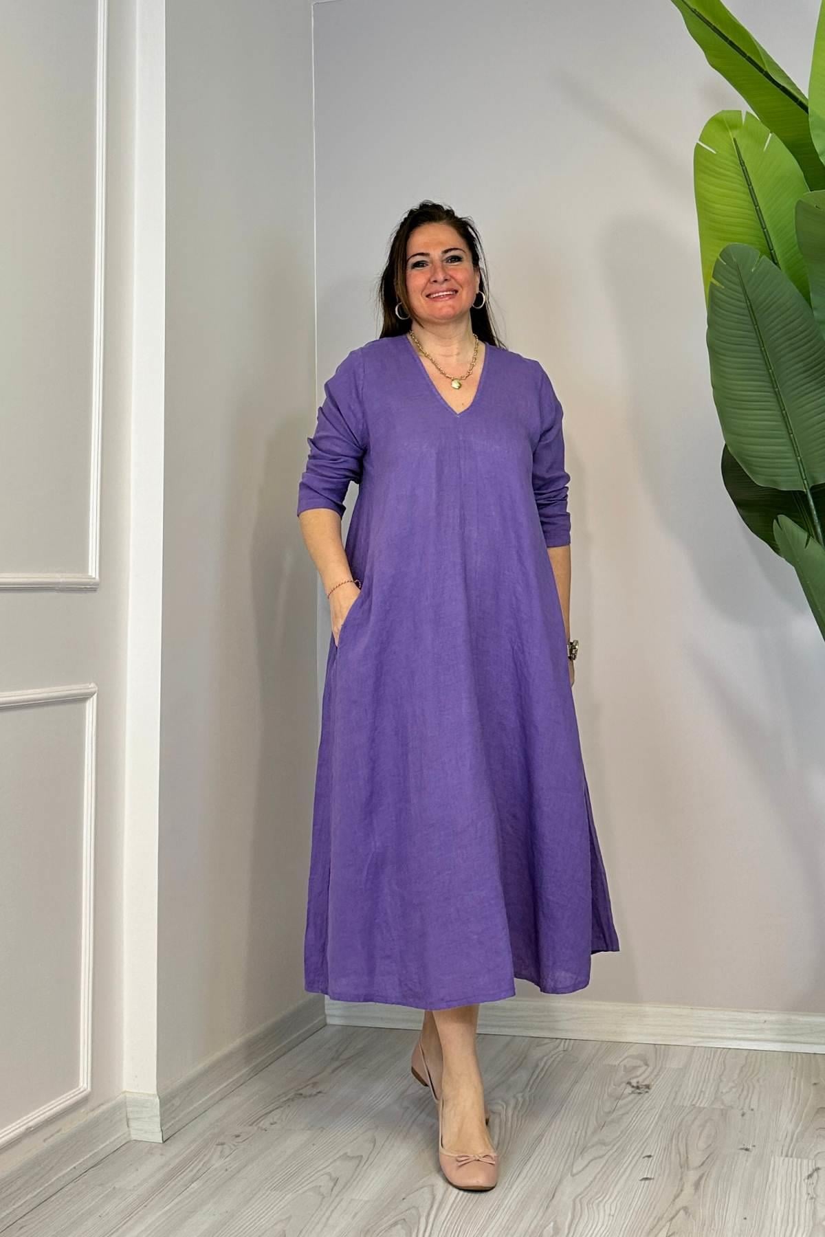 V Yakalı Çan Kesim Uzun Keten Elbise Mor