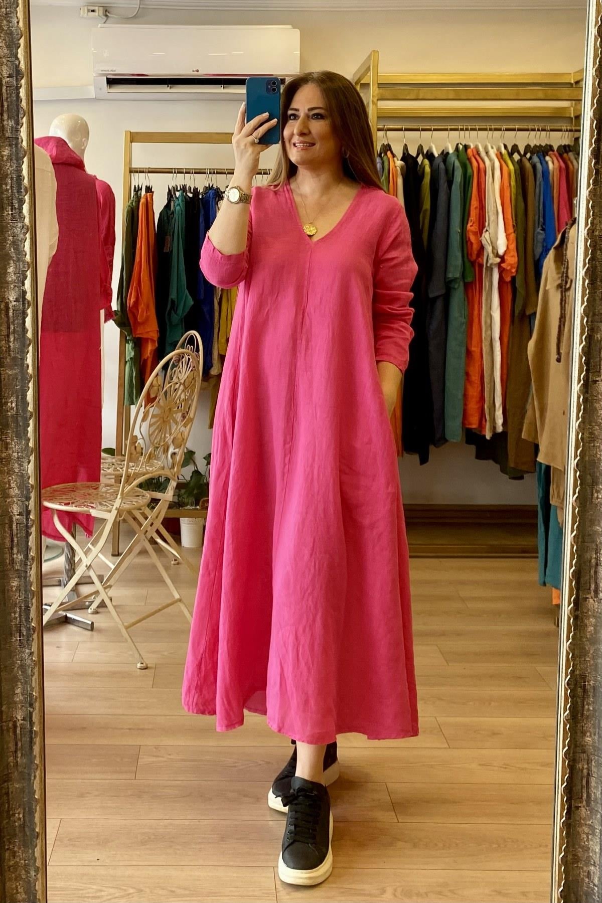 V Yakalı Parçalı Kiloş Elbise Pembe