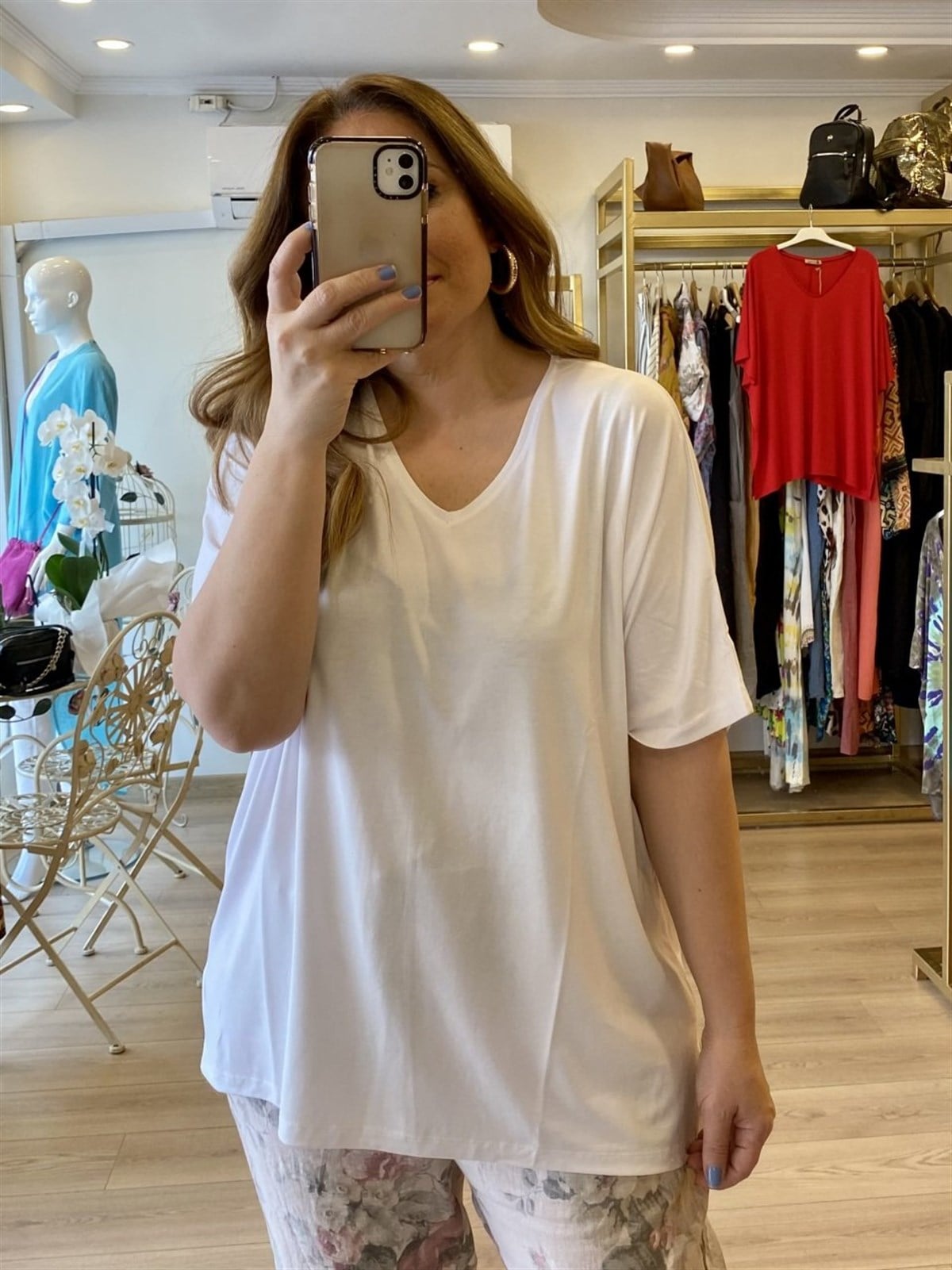 V Yakalı Viscon Penye Oversize Bluz Beyaz