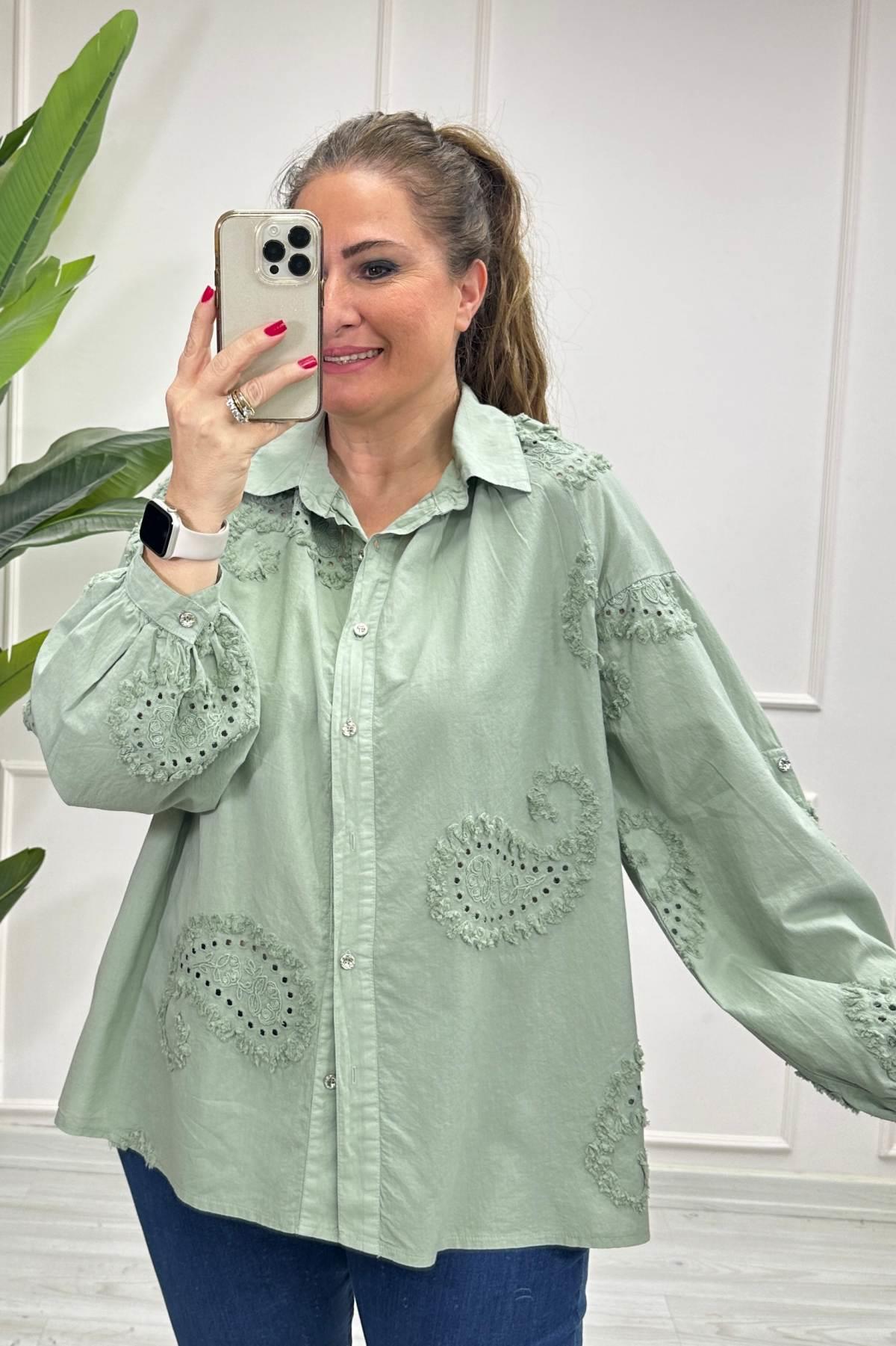 Yakalı Nakışlı Gömlek Yeşil
