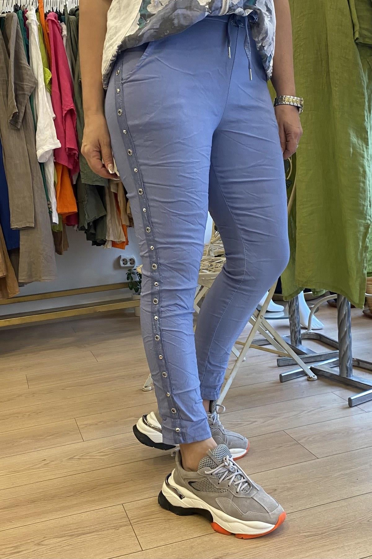 Yan Zımbalı Ve Sim Şerit Detaylı Full Likralı Pantolon İndigo Mavi