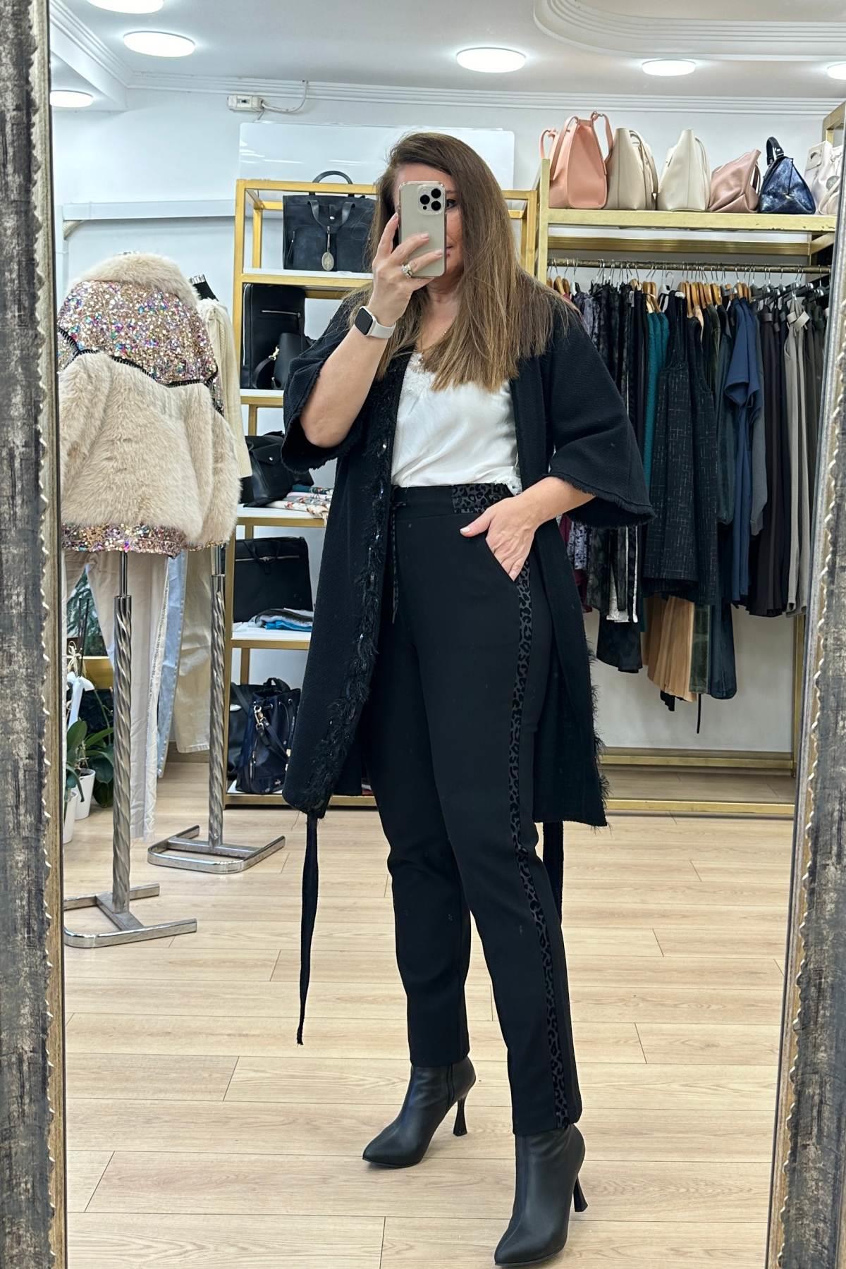 Yanları Kabartma Desenli Beli Lastikli Pantalon Siyah