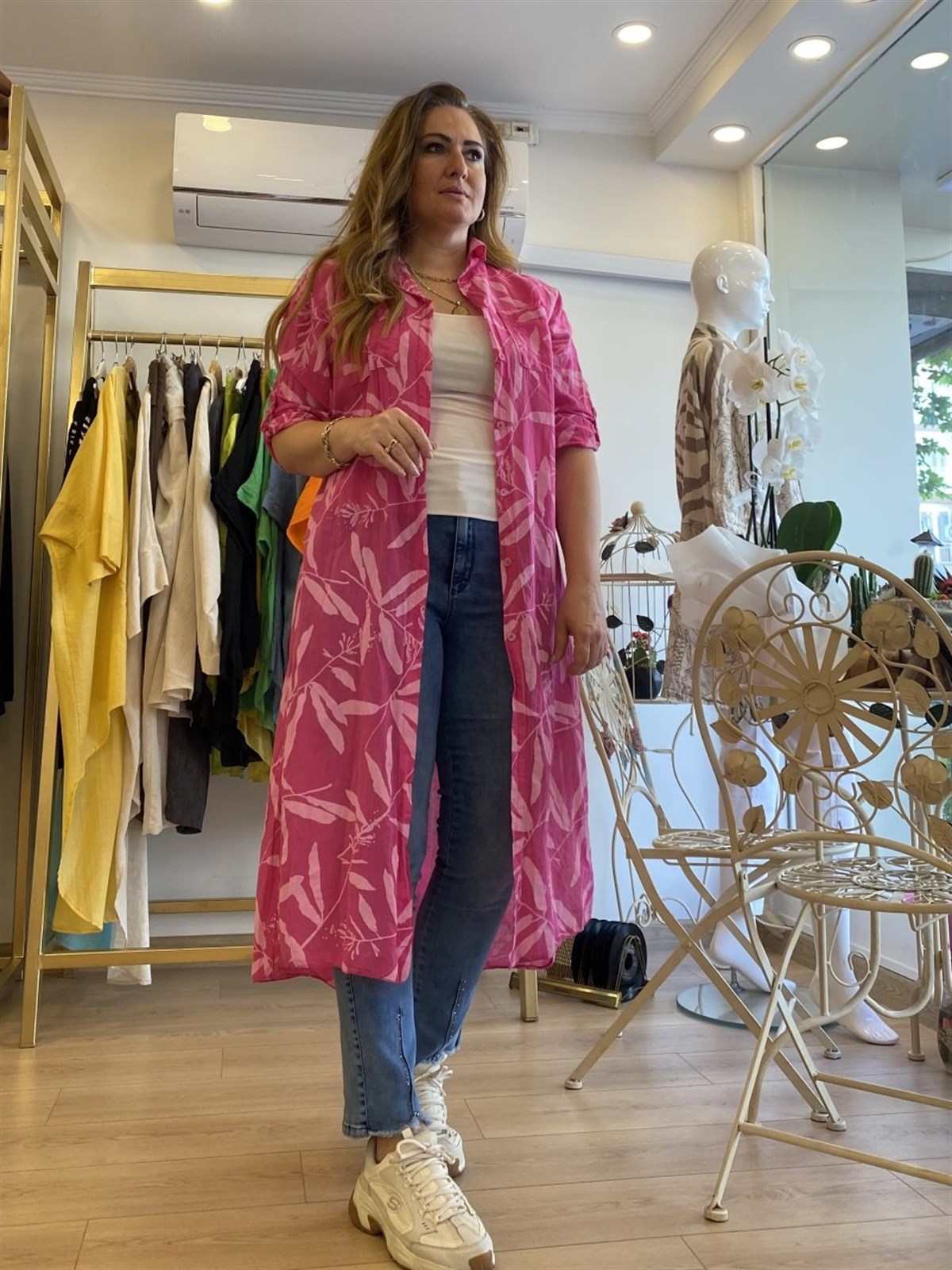 Yaprak desenli gömlek elbise fuşya pembe