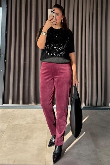 Merlot Kadife Pantolon Bordo