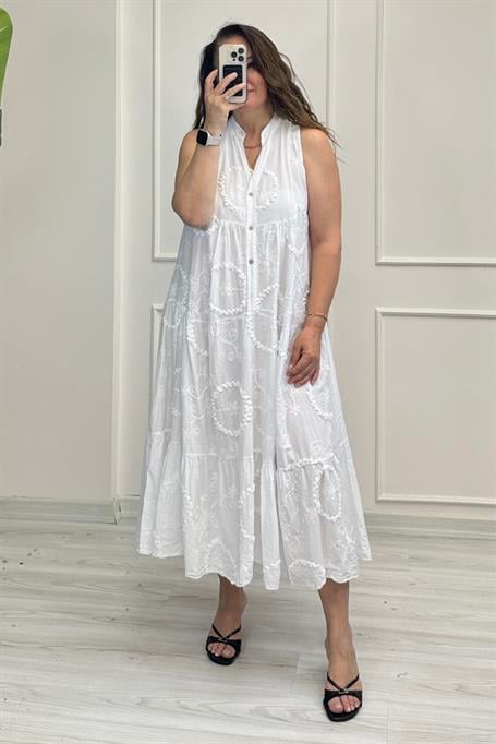 Violet Nakışlı Elbise Beyaz