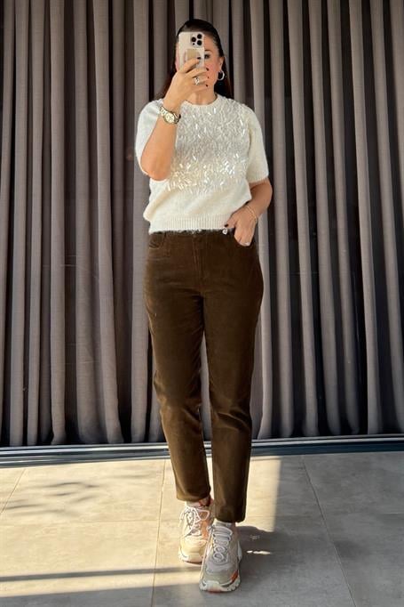 Velvet Kadife Pantolon Yağ Yeşili