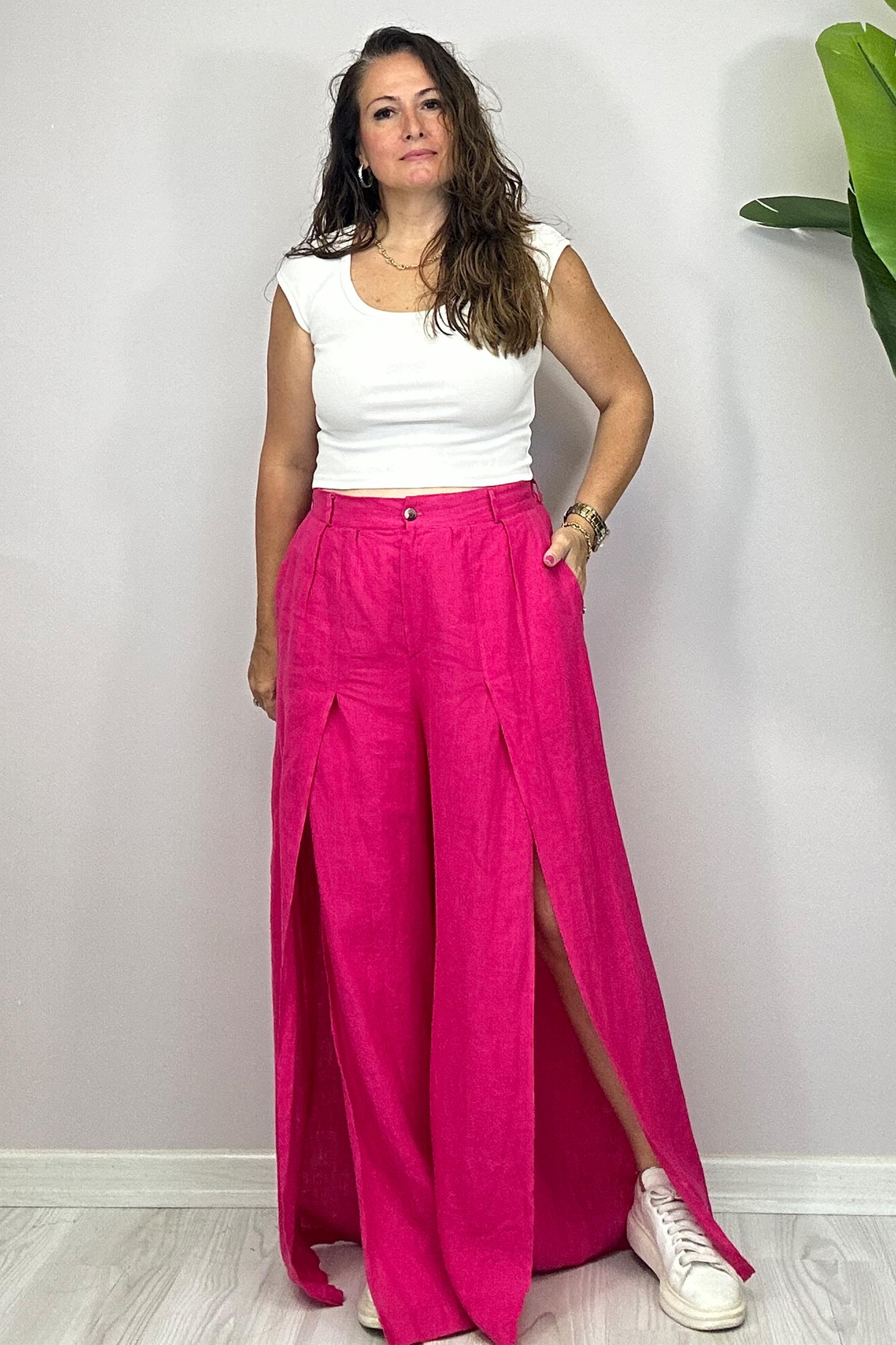 Yırtmaçlı Palazzo Model Pantolon Pembe