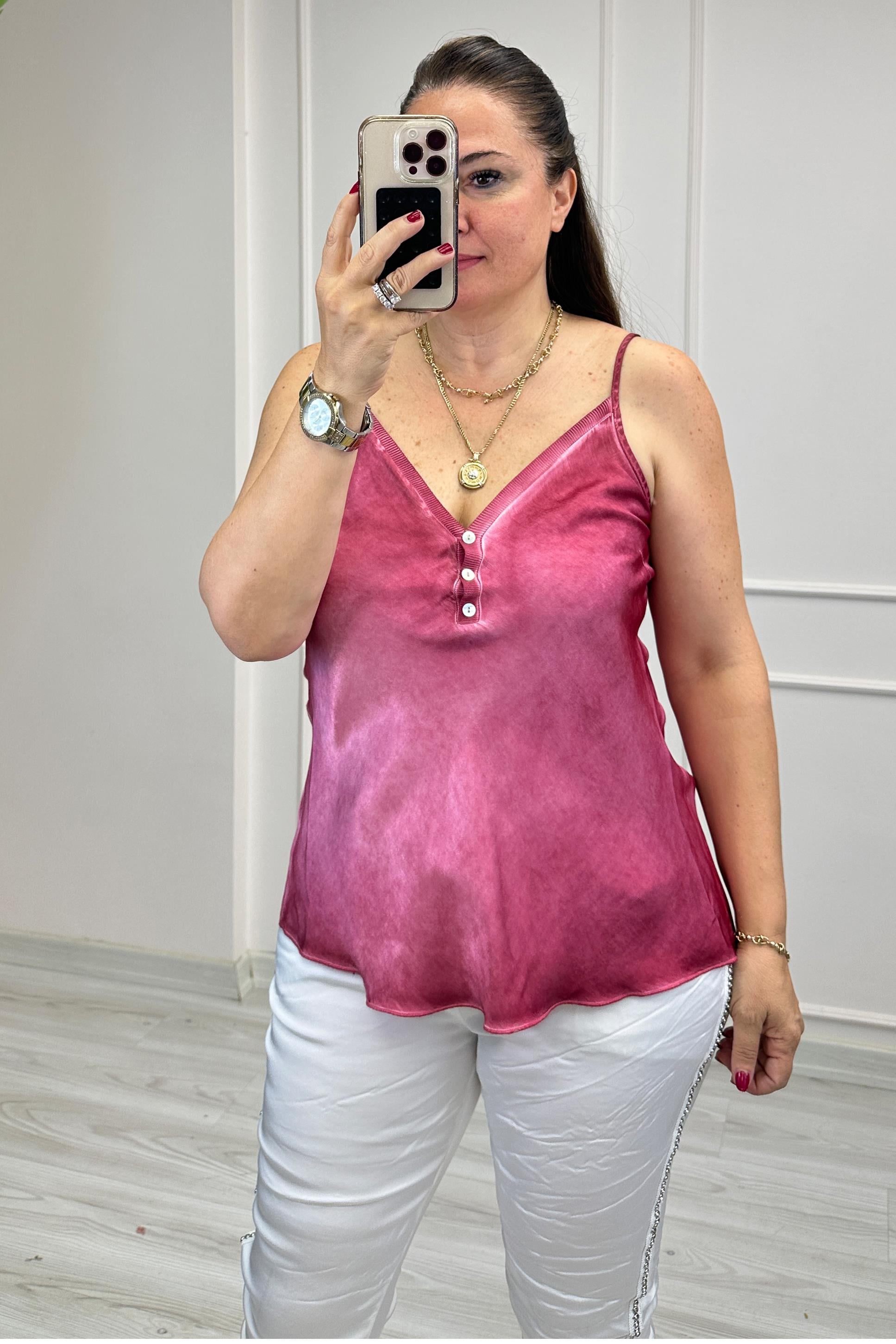 Marry Düğmeli Saten Bluz Pembe