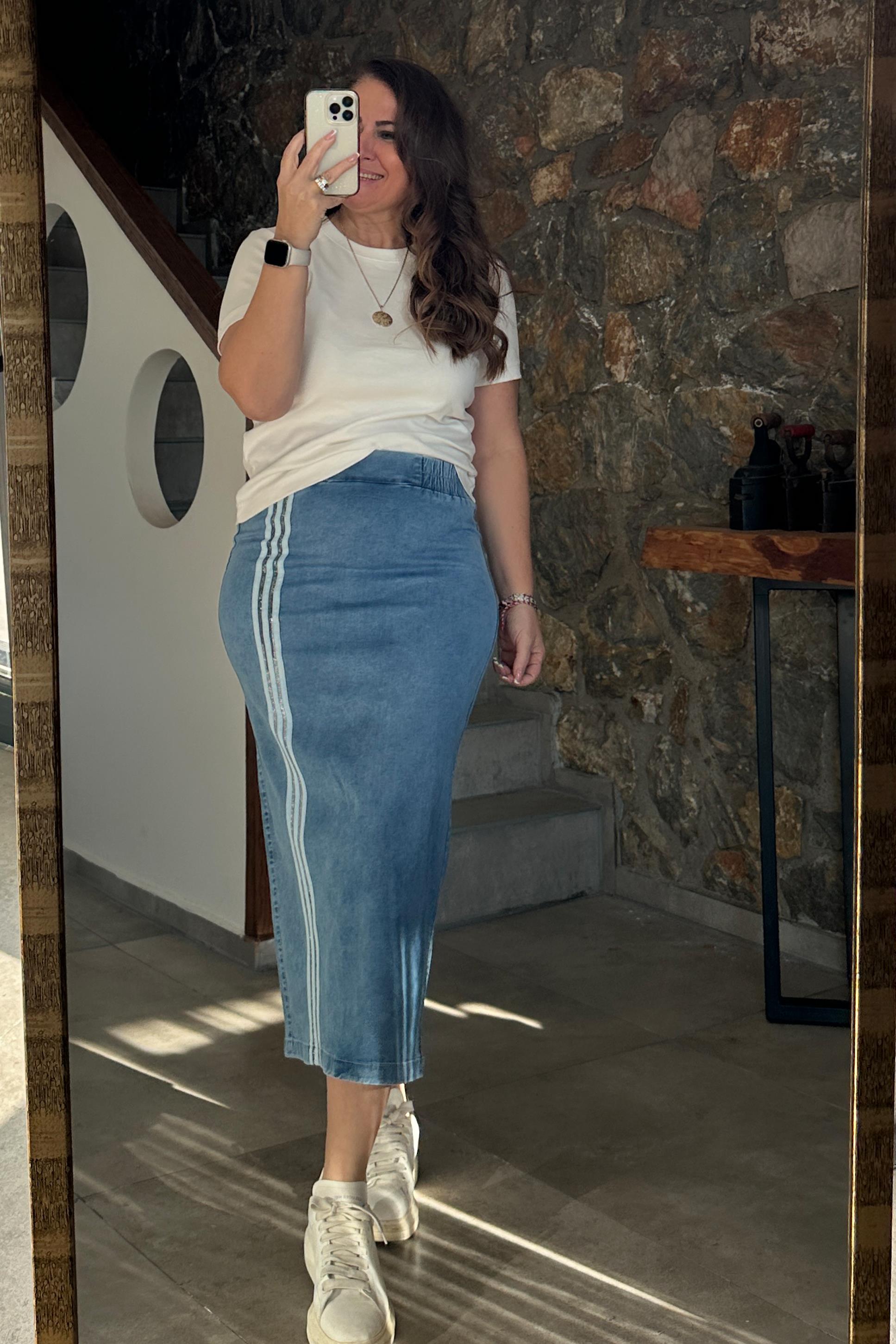 Şeritli Kot Etek Mavi