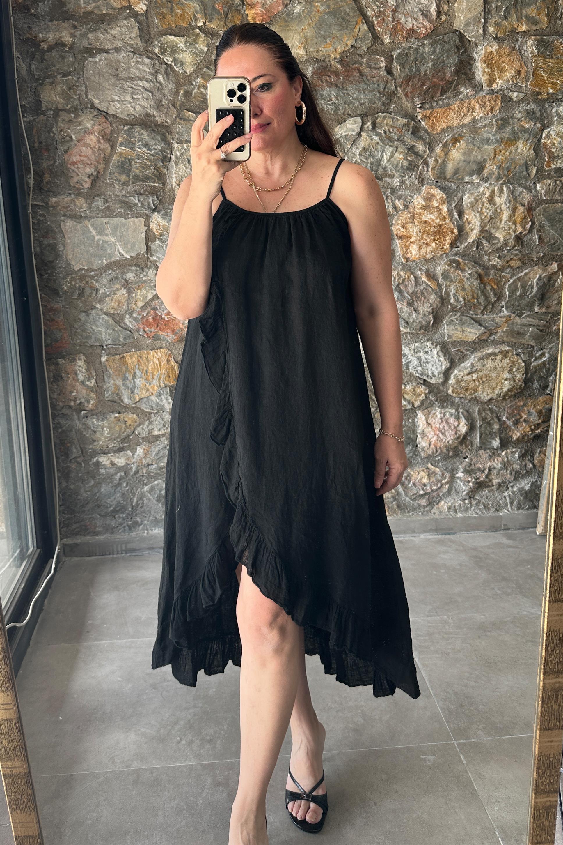 Maria Keten Askılı Fırfırlı Elbise Siyah