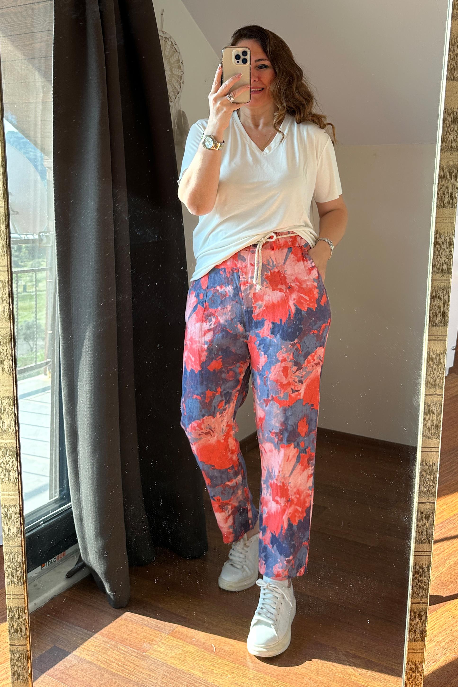 İthal Batik Desen Keten Pantolon Nar Çiçeği