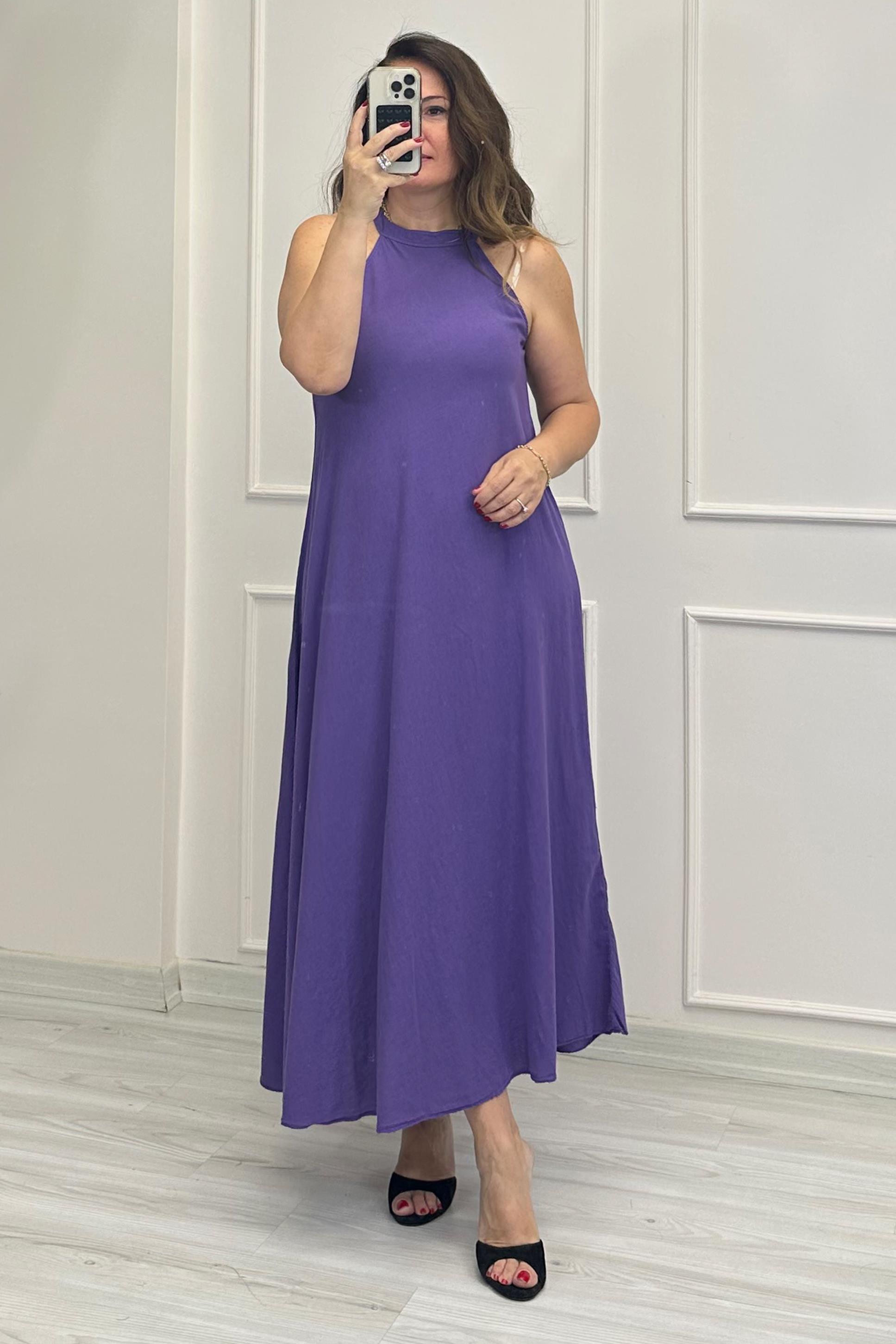 Morocco Halter Yaka Elbise Mor