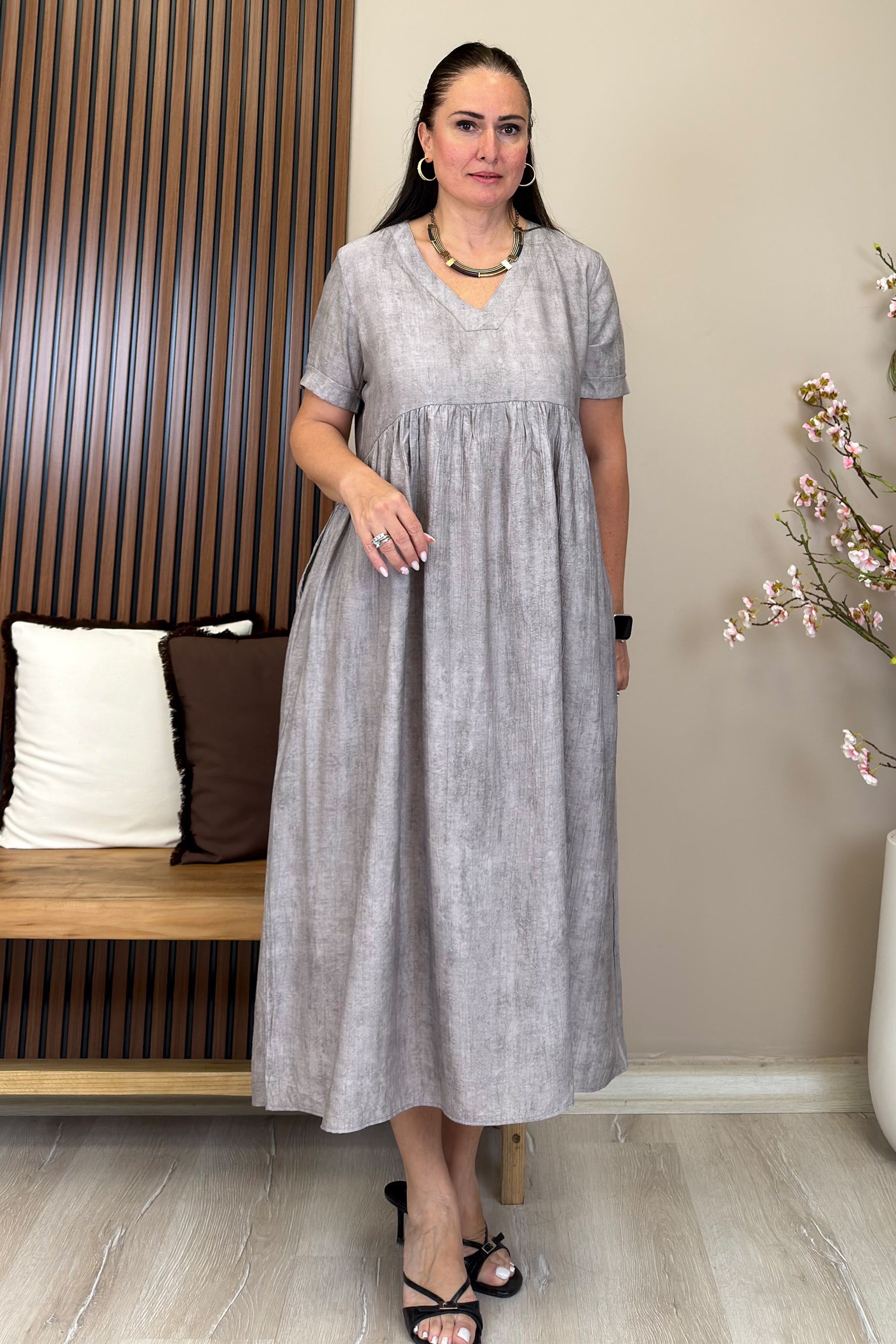 Jade Batik Desenli Elbise Taş