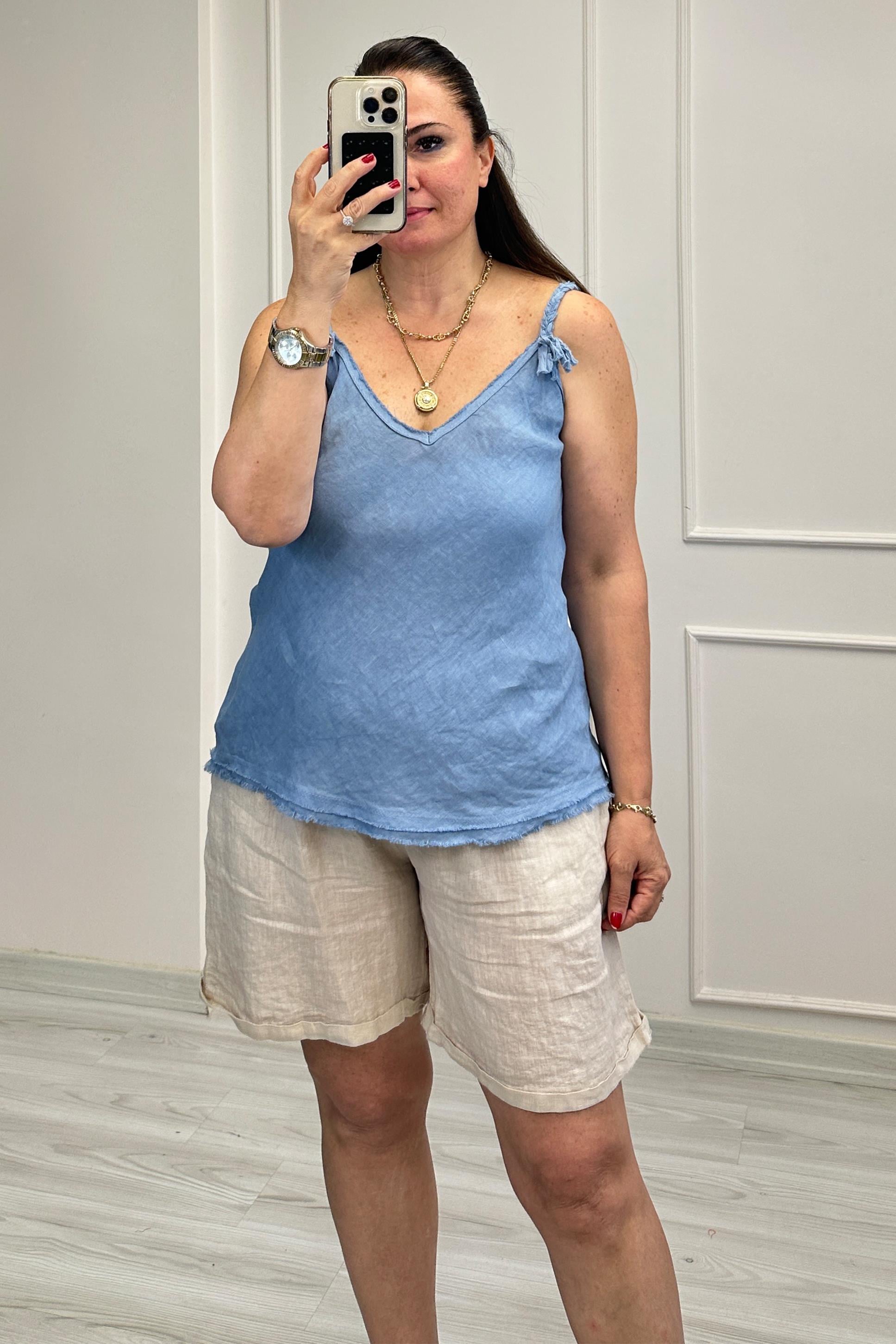 Livina Örgü Askılı Keten Bluz Mavi