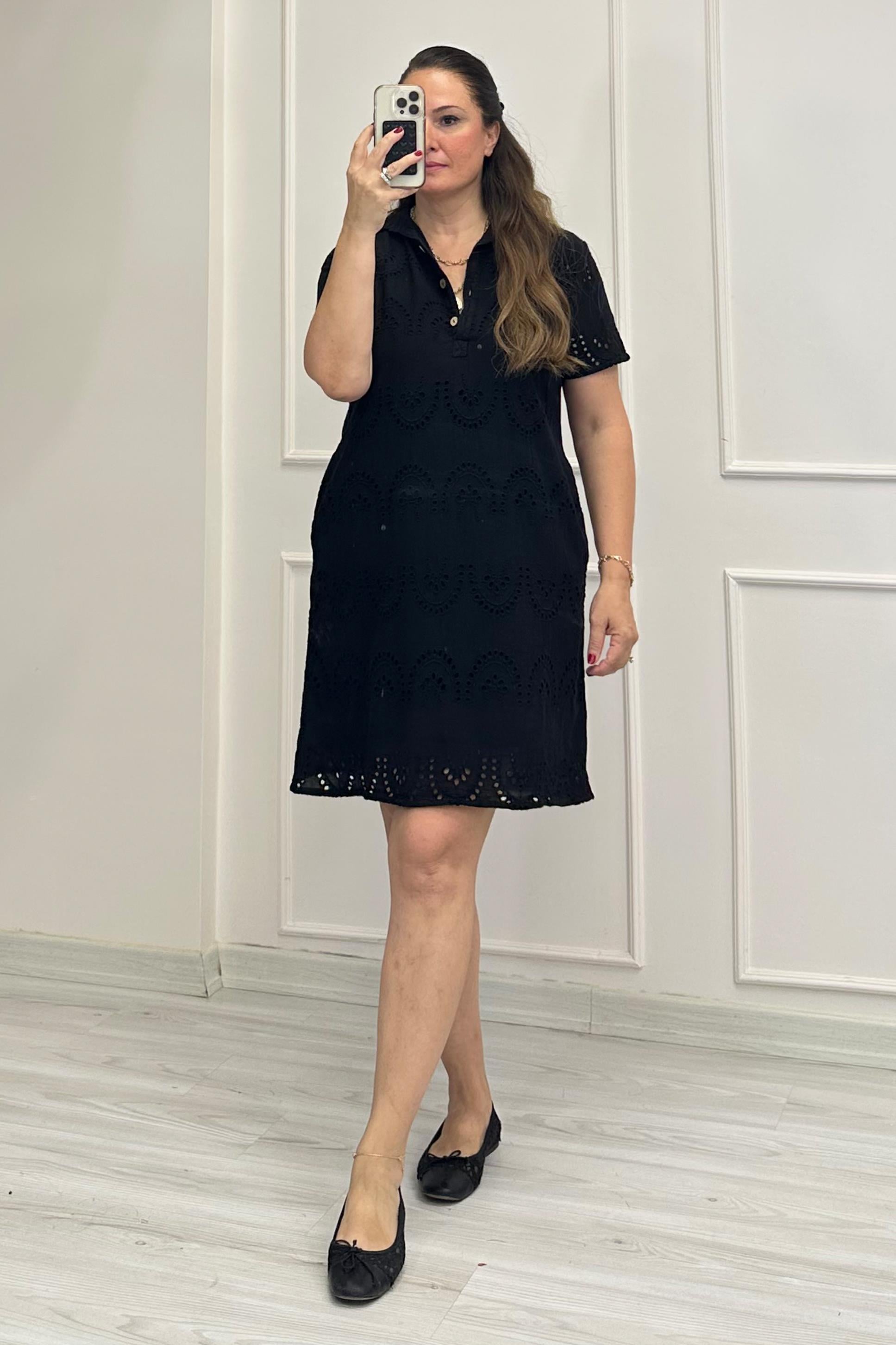Alina Yakalı Fistolu Elbise Siyah