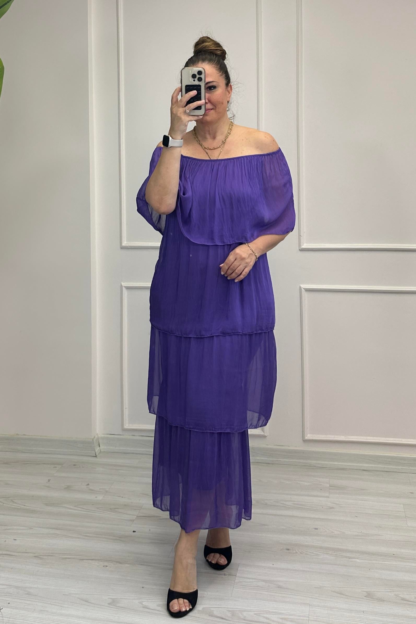 Diane Madonna Yaka İpek Elbise Mor
