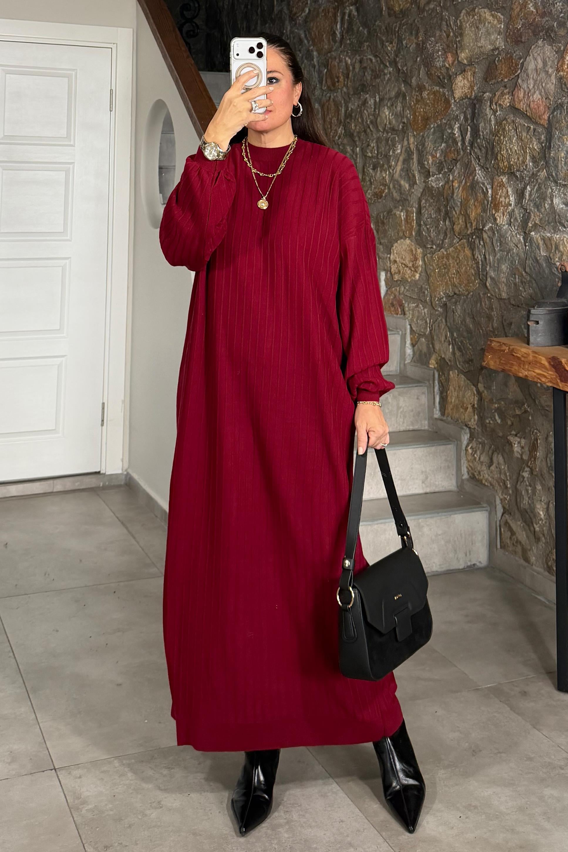 Calina Triko Elbise Bordo