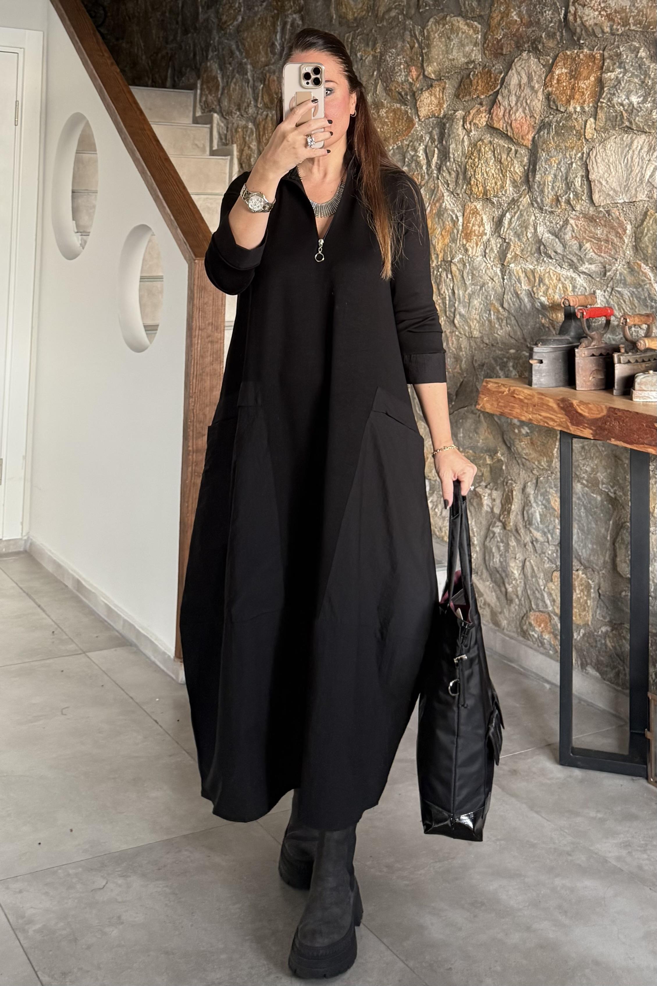 Rozelin Fermuarlı Elbise Siyah