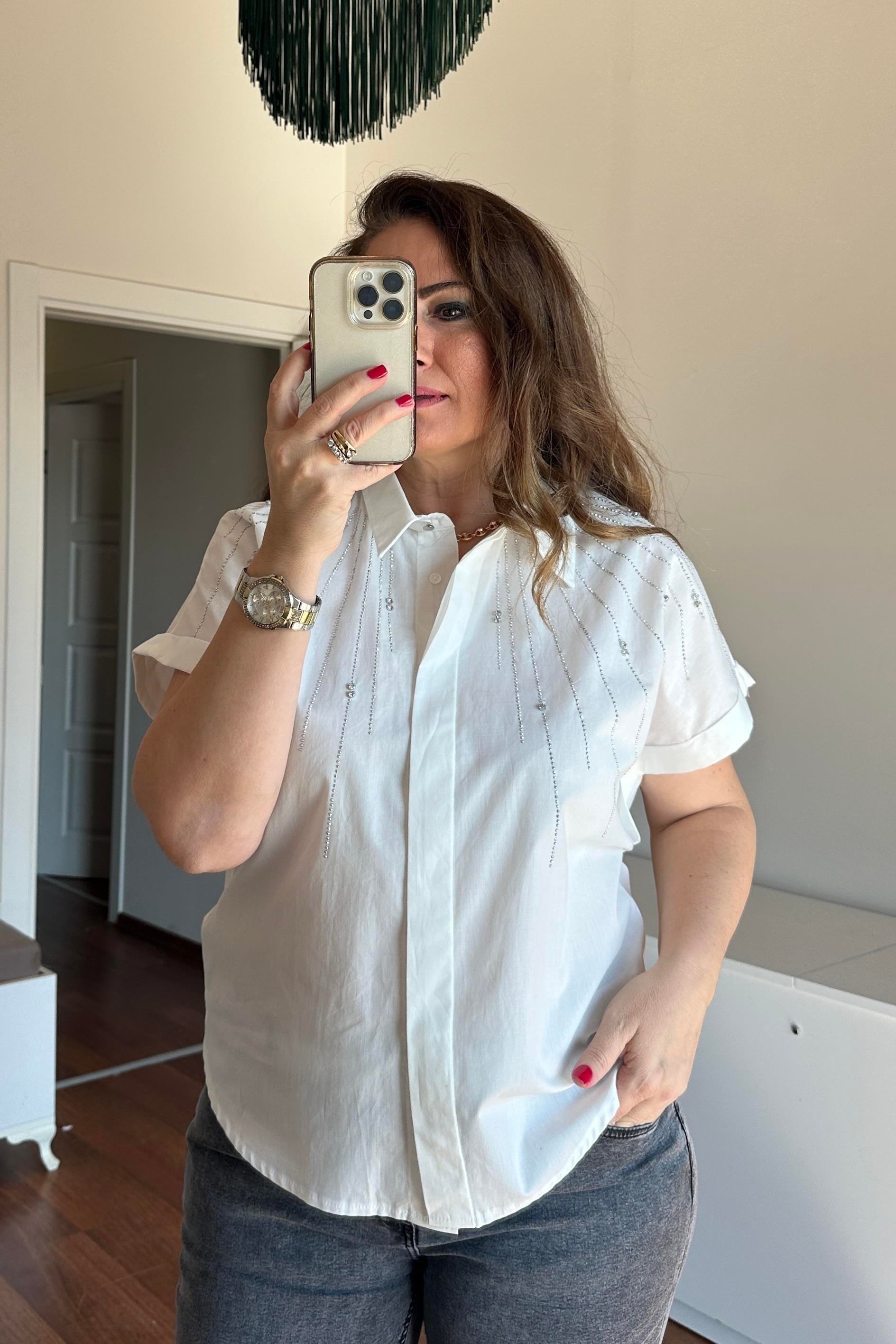 Kısa Kollu Taşlı Gömlek Beyaz