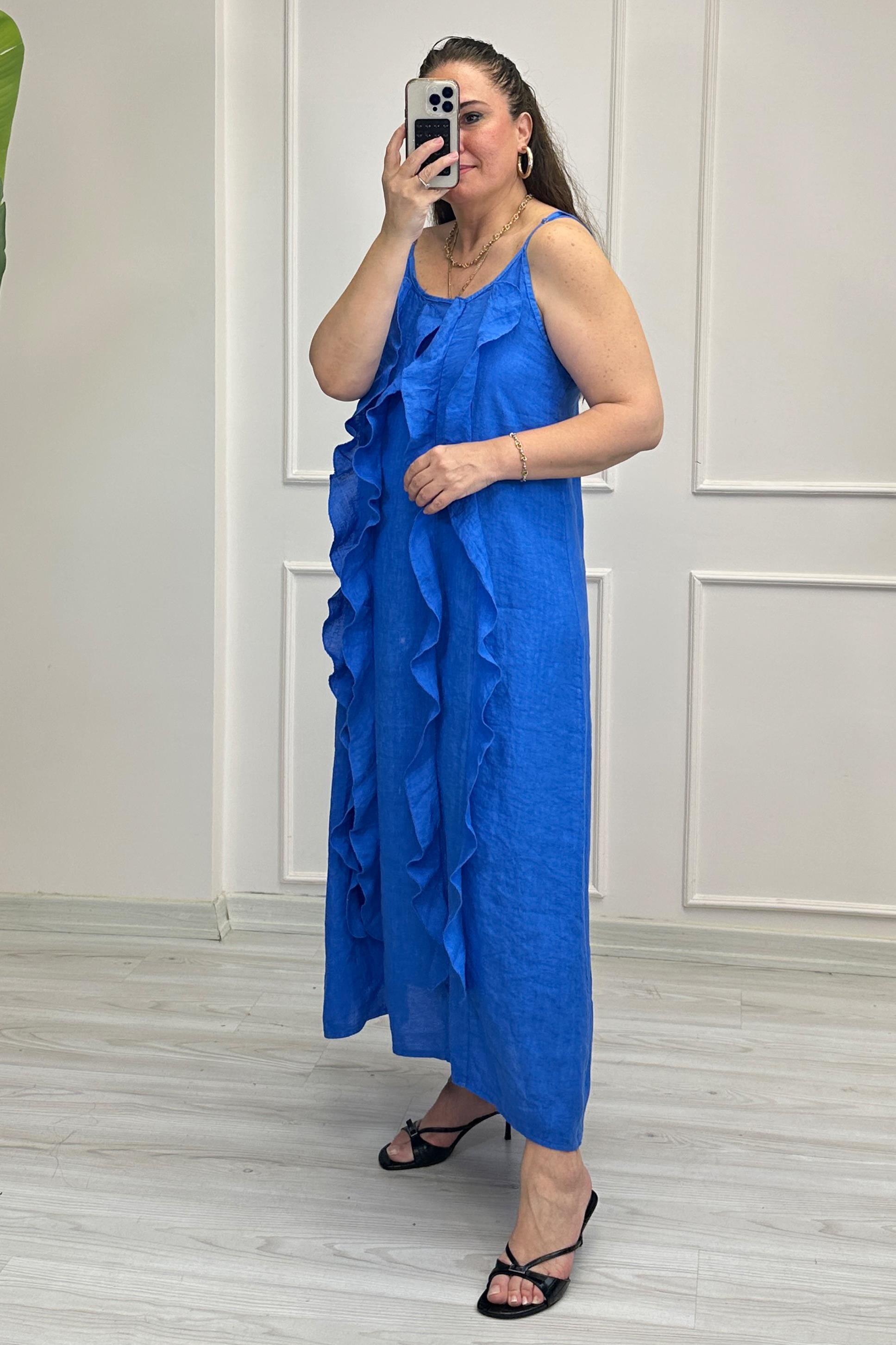 Delphine Fıfrır Detaylı Keten Elbise Saks Mavi