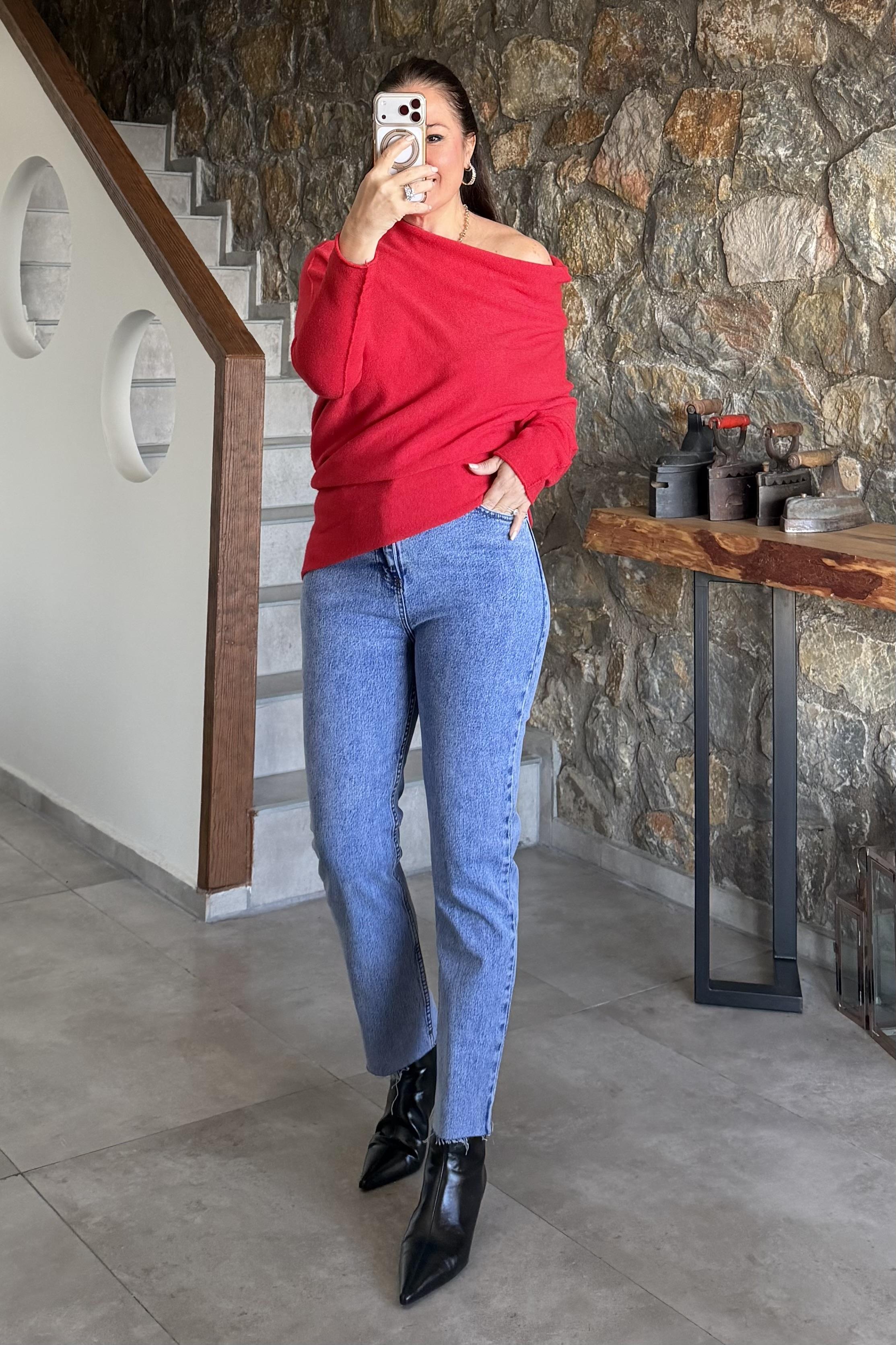 Ales Asimetrik Triko Bluz Kırmızı